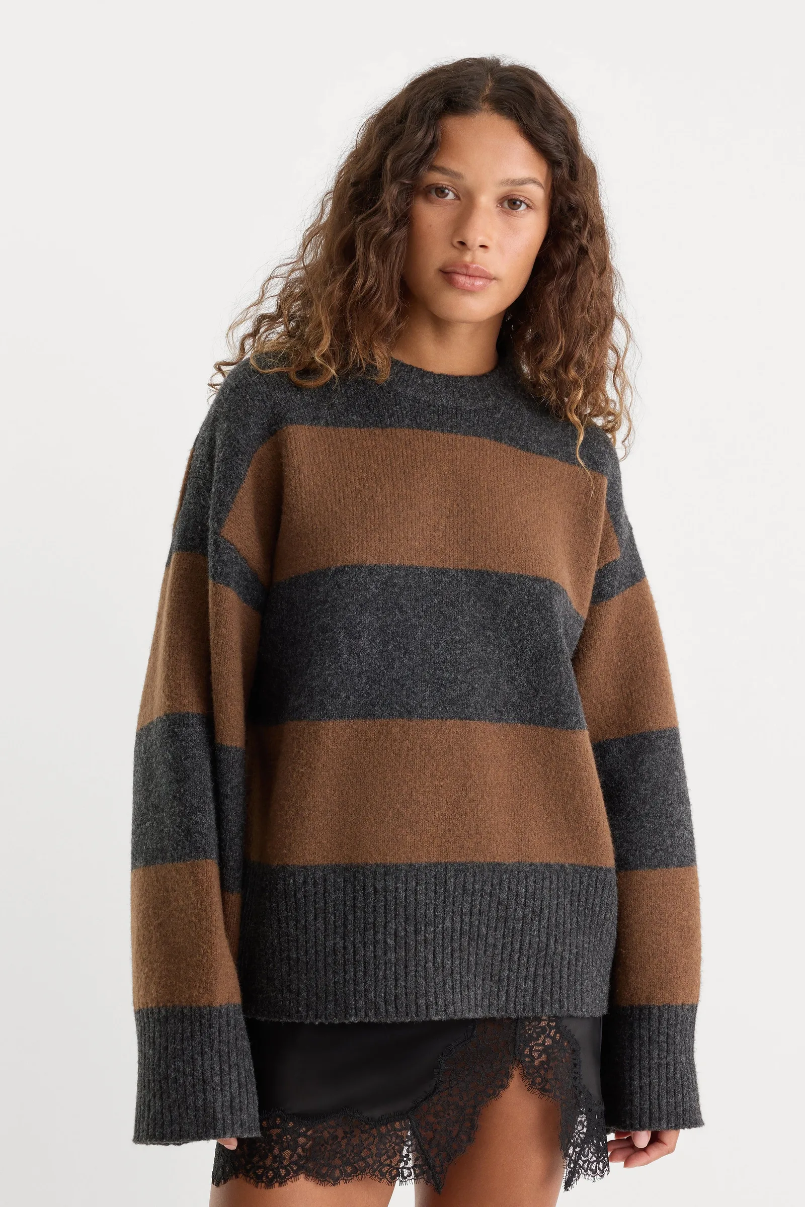 The Oversized Crew Sweater – Charcoal Brown Stripe