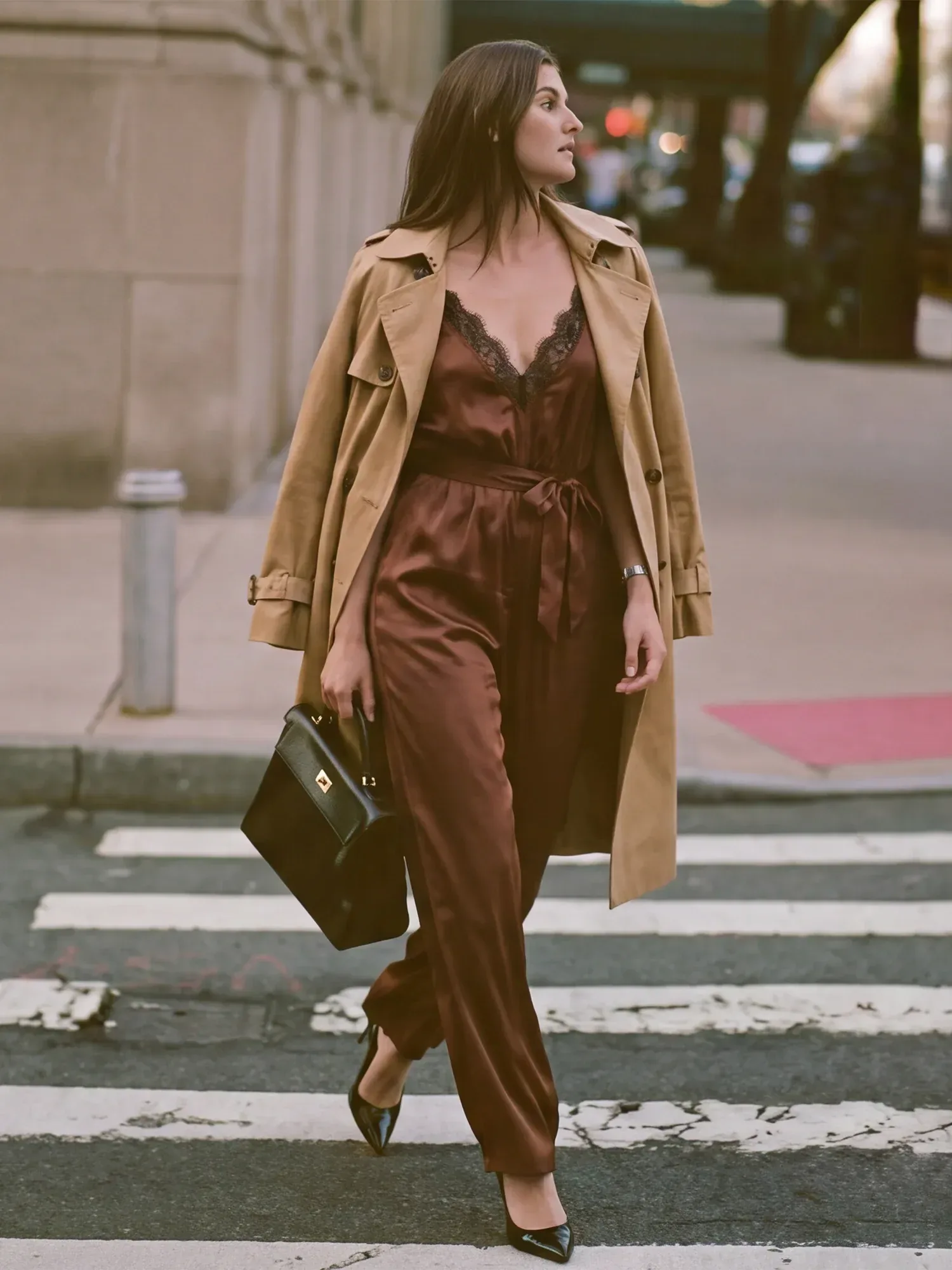 Sleeveless Lace Trim V Neck Satin Tie Waist Jumpsuit
