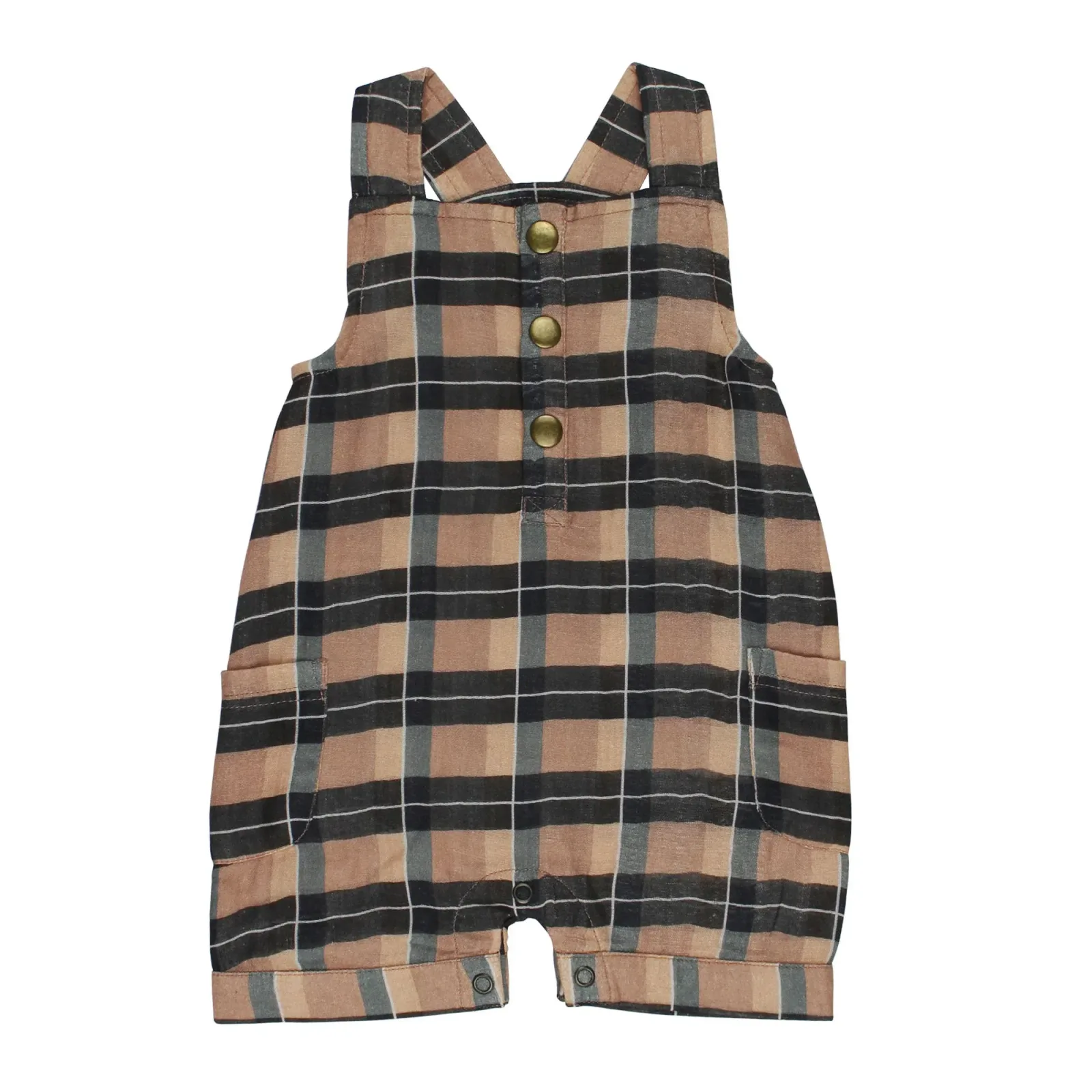 Adobe Chia Plaid – Organic Cuffed Muslin Overall