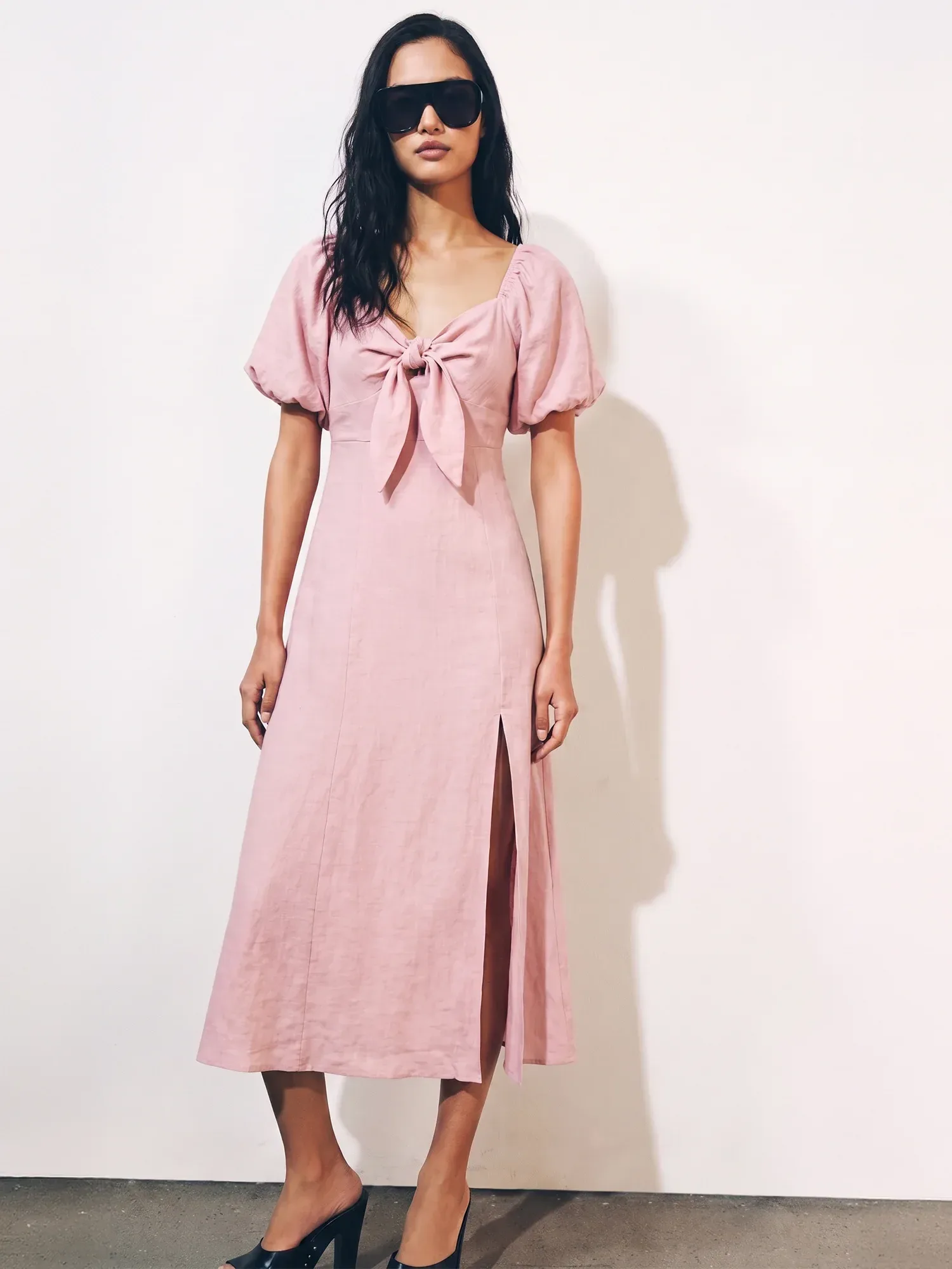 Puff Sleeve Tie Knot Slit Midi Dress