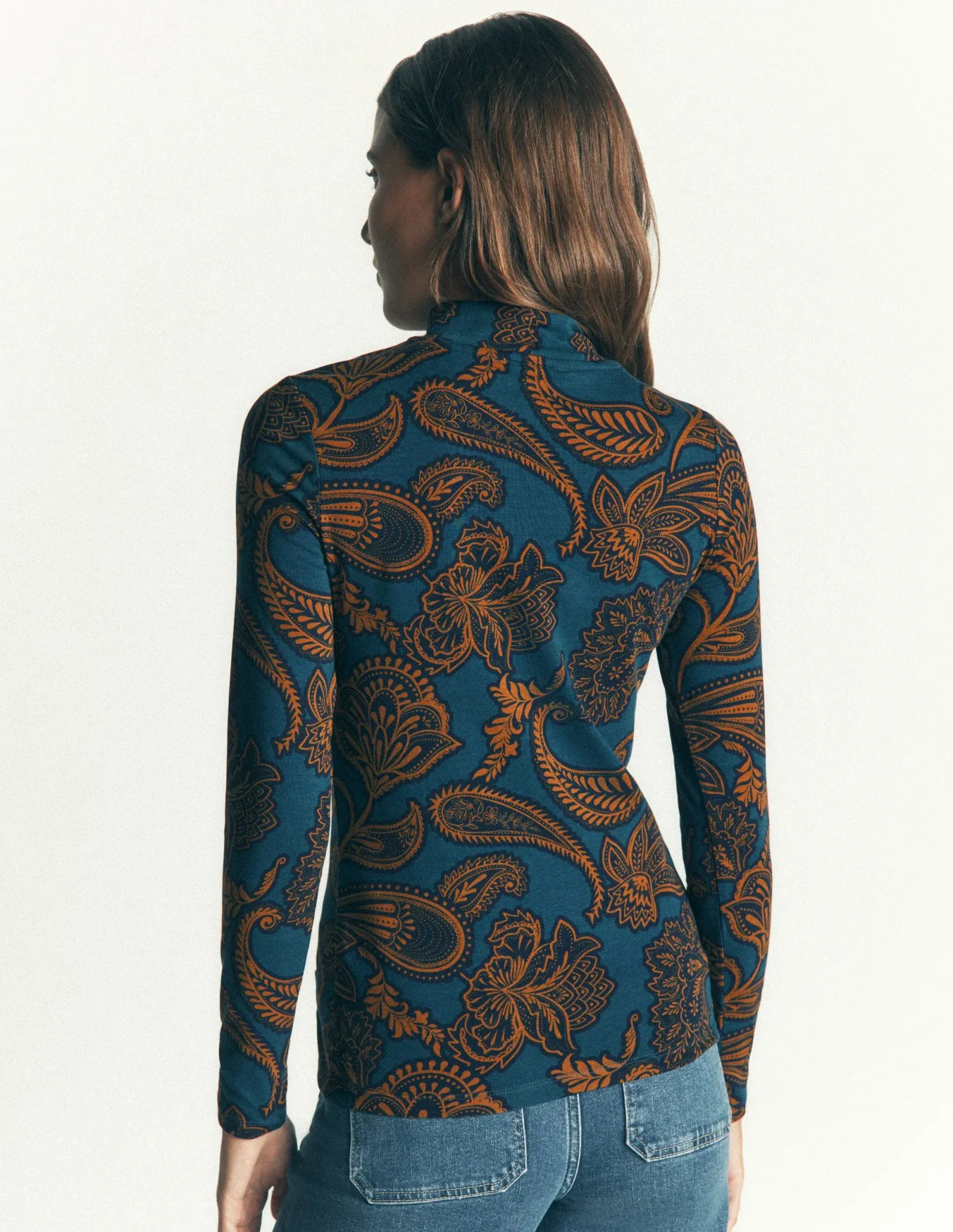 High Neck Jersey Top-Legion Blue, Paisley Bouquet