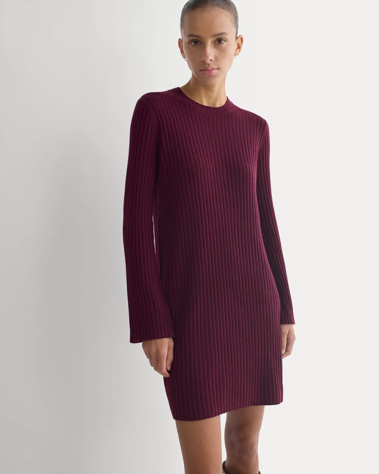 Cashmere Long-Sleeve Mini Dress – Deep Plum