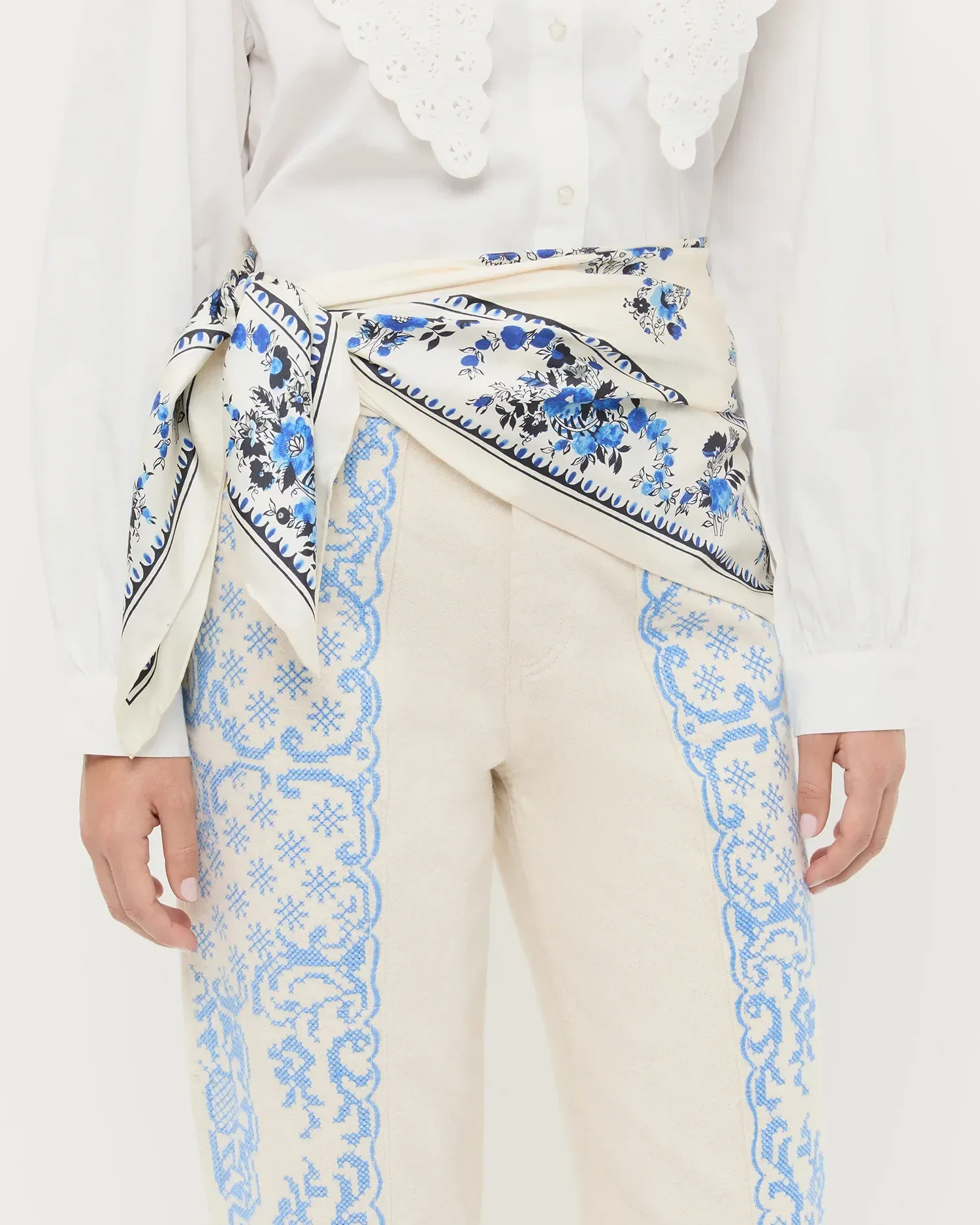 Beverly Cream/Blue Silk Scarf