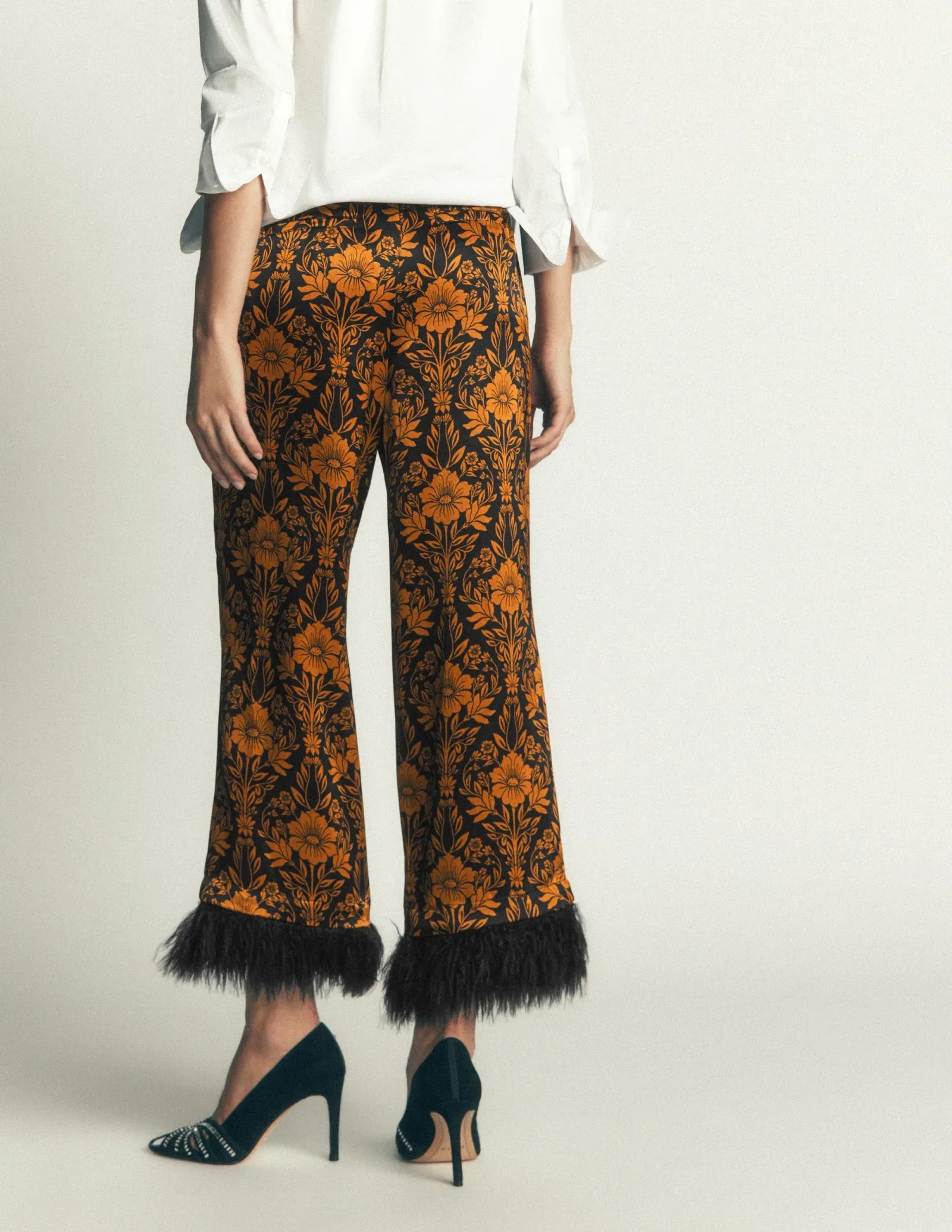 Feather Trim Pants-Flourishing Sprig