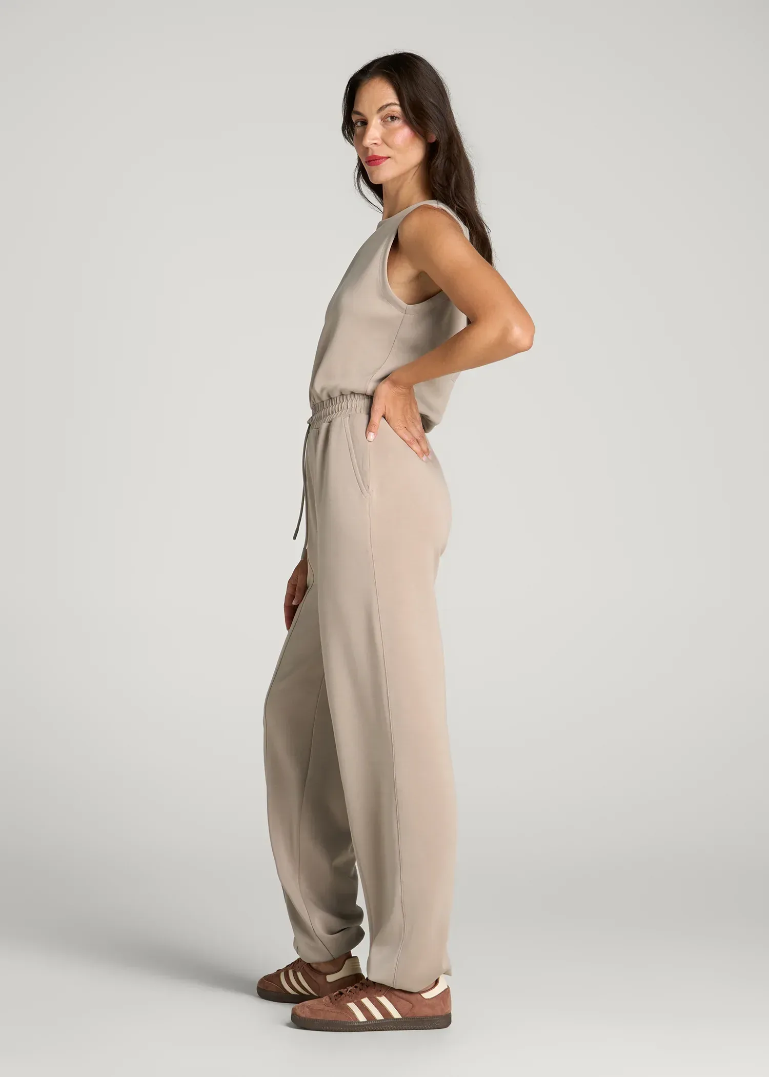 Soft Motion Sleeveless Sweatpants Jumpsuit for Tall Women in Simply Taupe