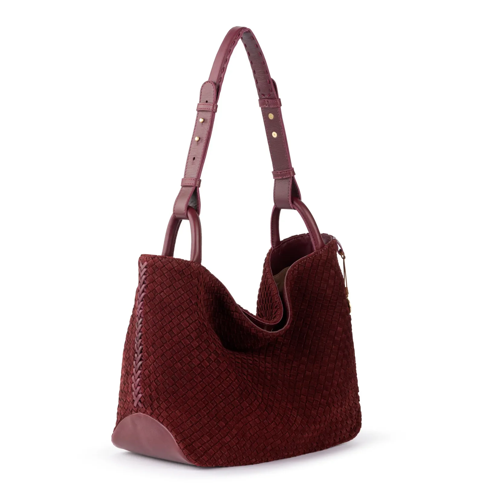 Los Feliz Medium Tote – Leather – Black Cherry Suede Woven