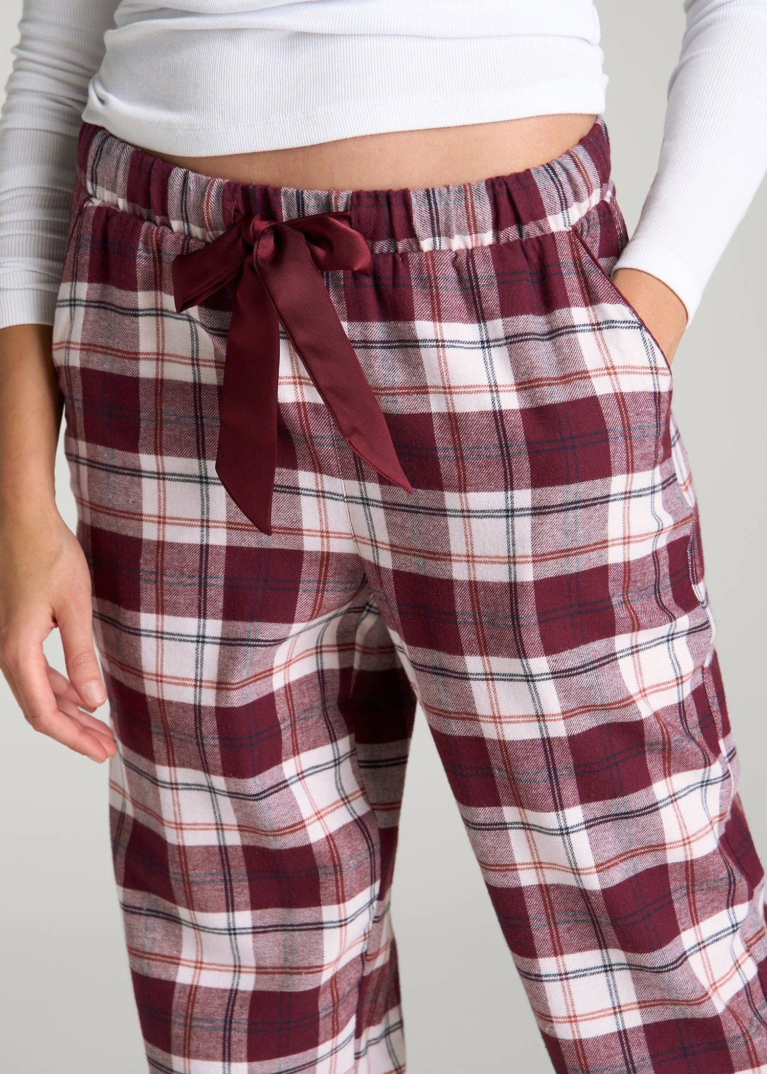 Tie Waist Flannel Pajama Pants for Tall Women in Port Royale and Beige Plaid