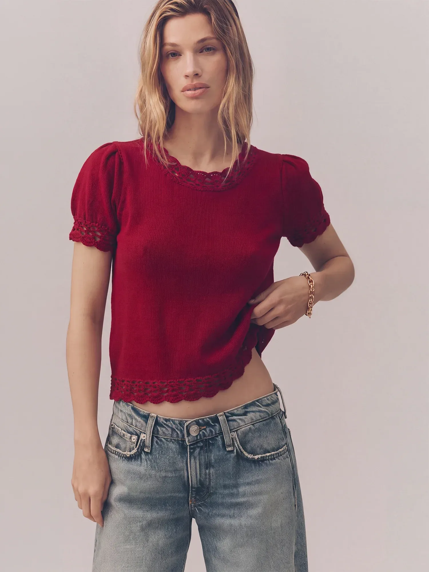 Puff Sleeve Crochet Detail Trim Sweater Knit Tee