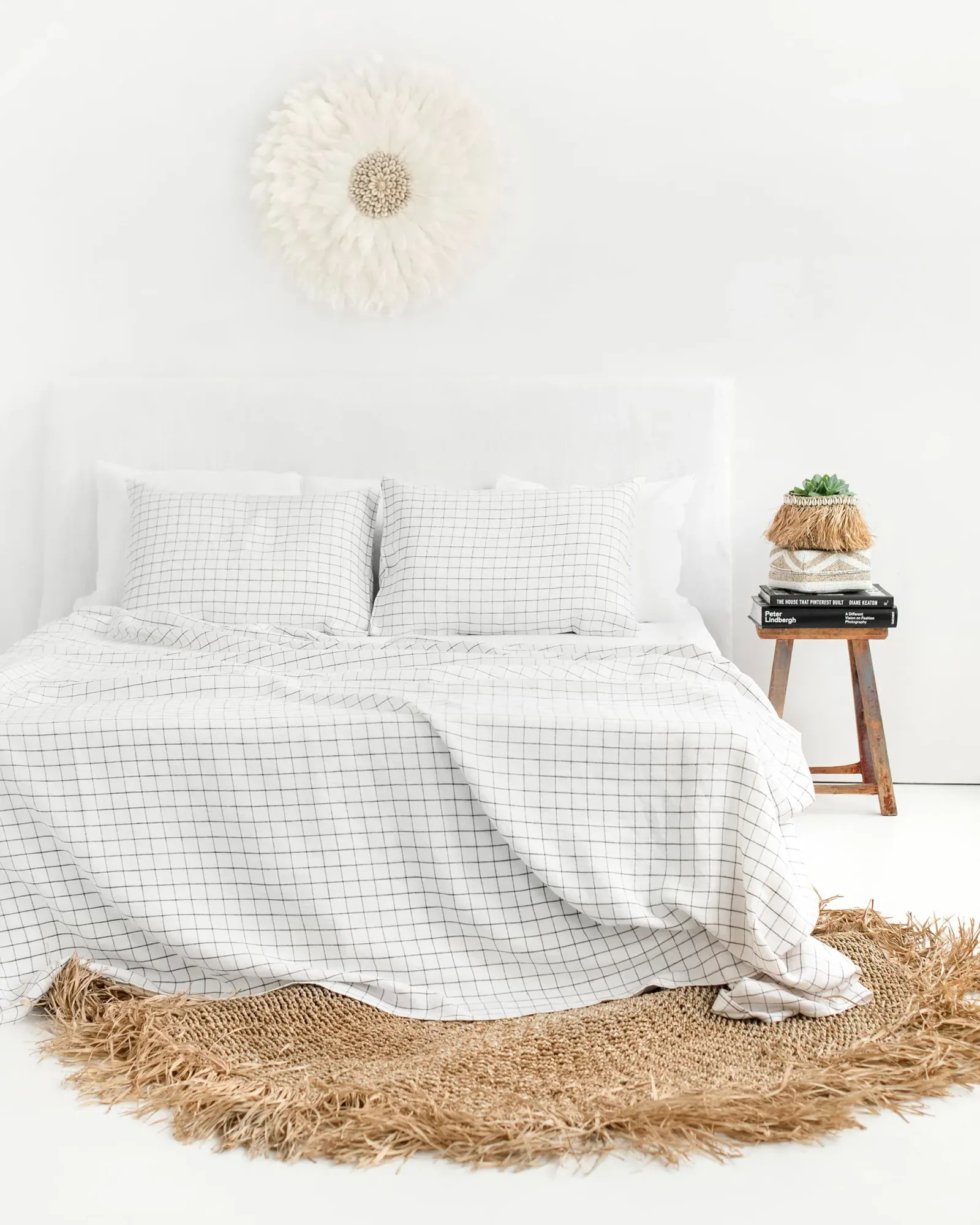 Charcoal grid linen flat sheet