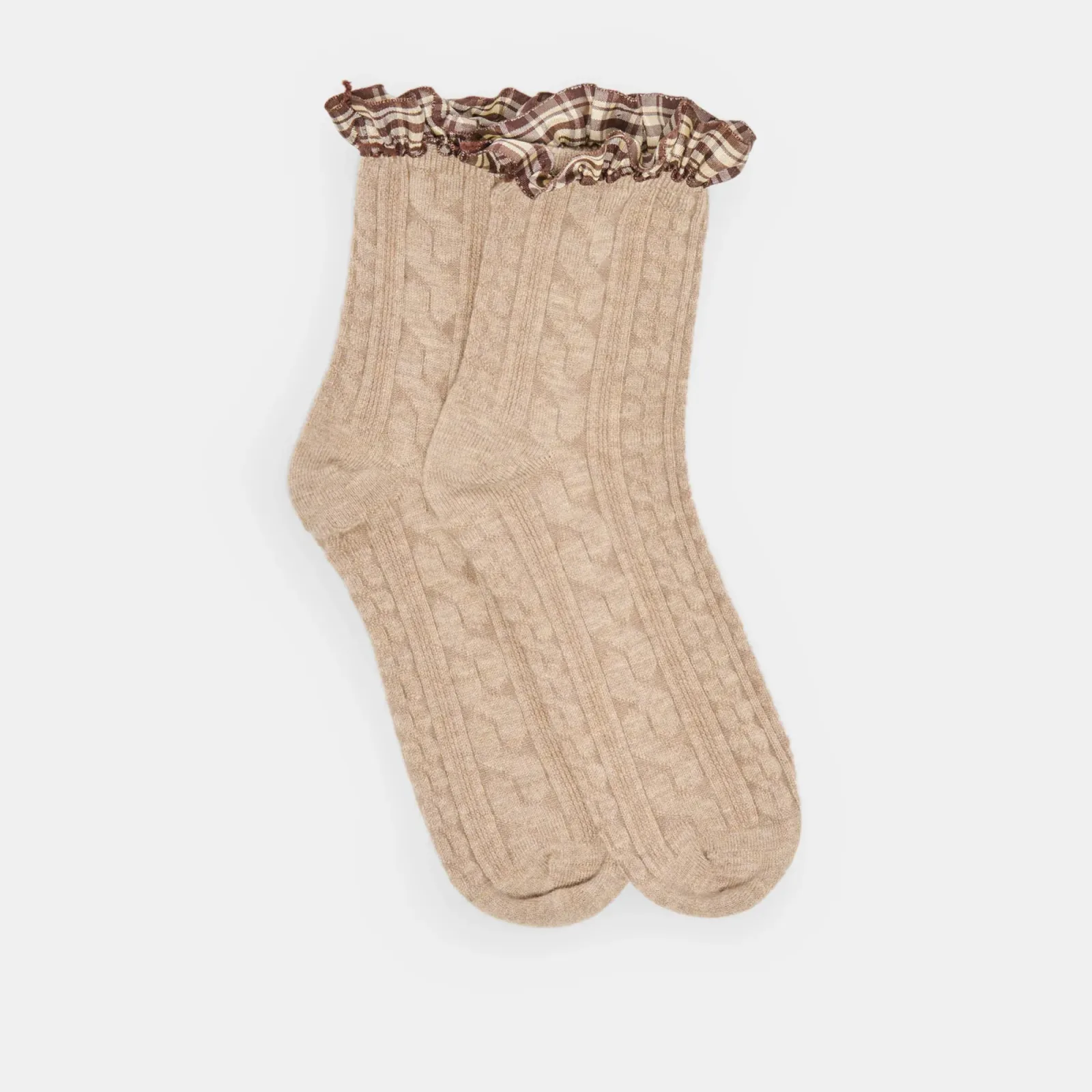 Plaid Ruffle Crew Socks Taupe