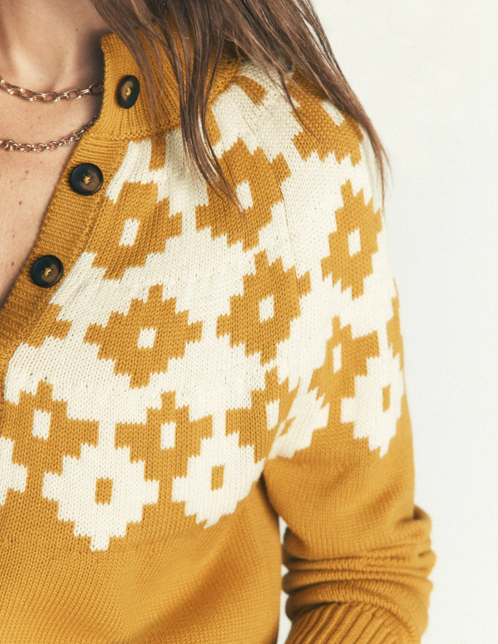 Lara Cotton Button Neck Jumper-Golden Rye, Fair Isle