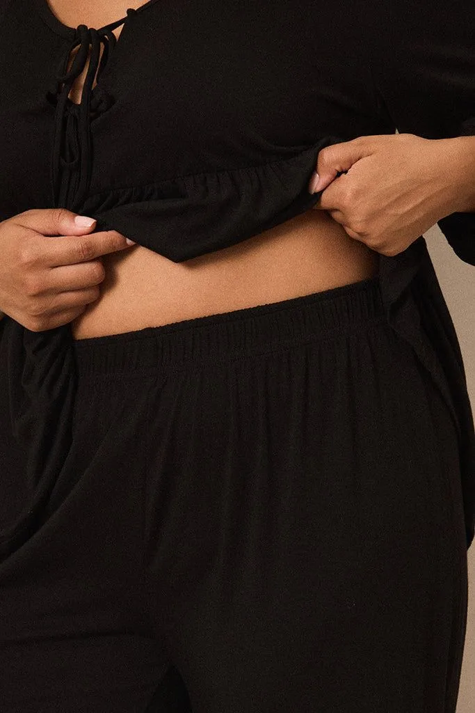 Black Tie-Top Long-Sleeve Women’s Sleep Set