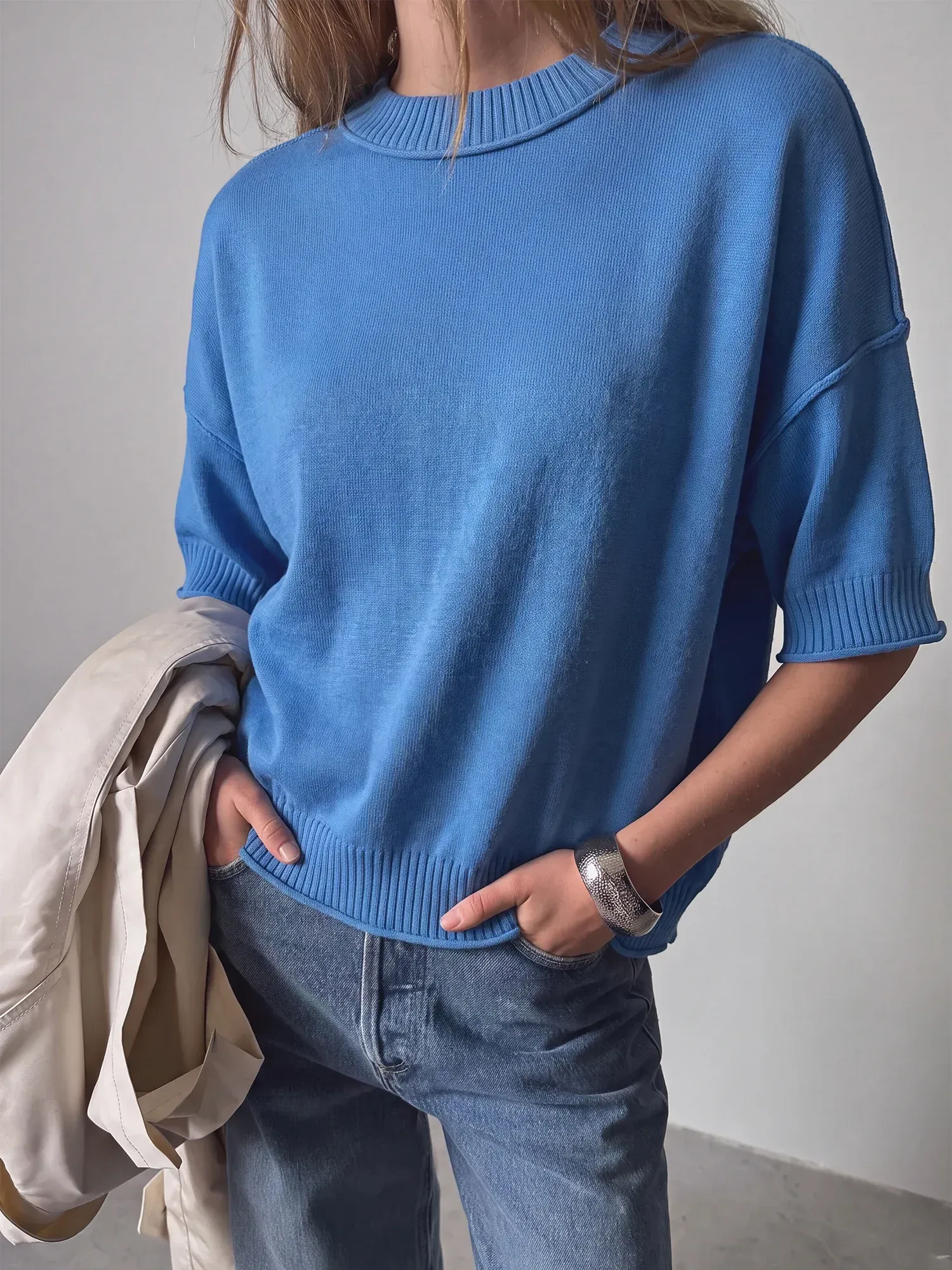 Crew-Neck Elbow-Length Sleeves Sweater