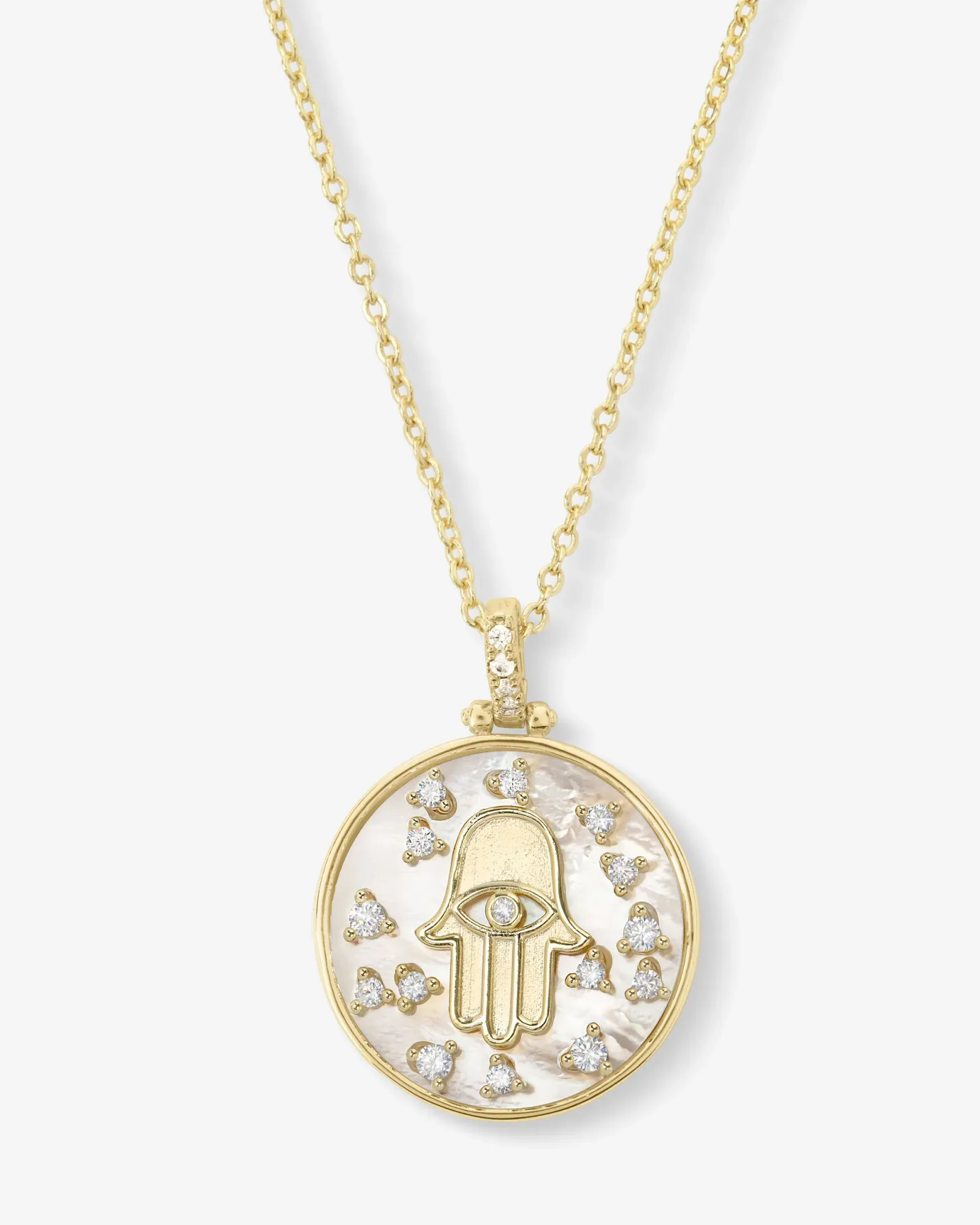 Hamsa Medallion Necklace – Gold|White Diamondettes