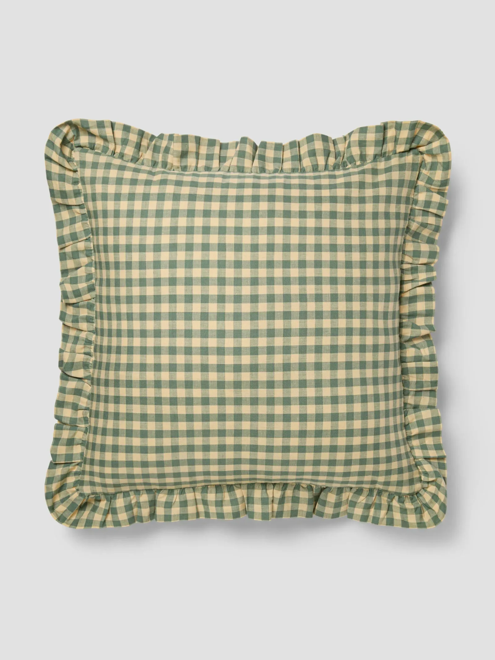 Elm Green & Butter Yellow Gingham Frill Linen Blend Filled Cushion