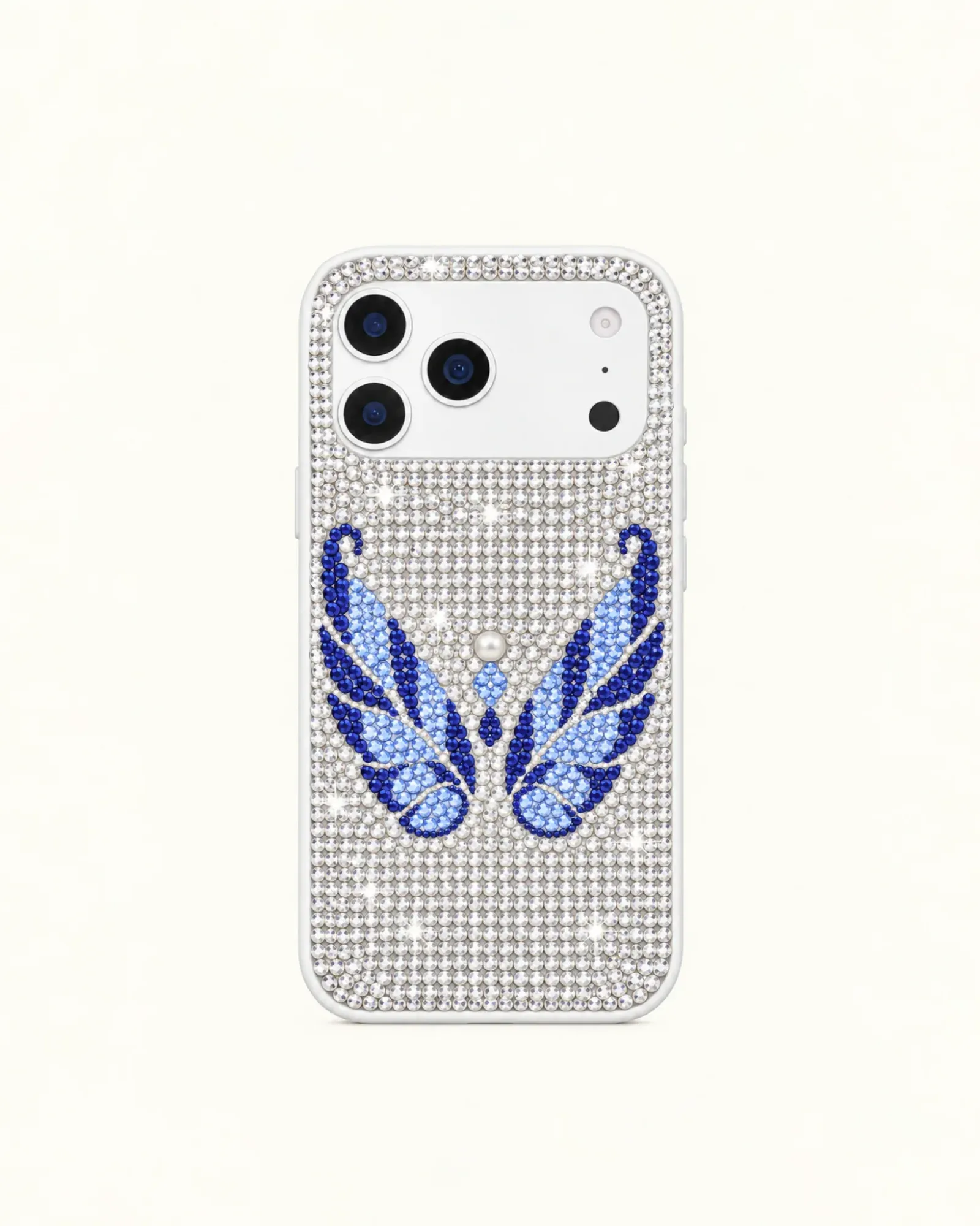 Blue Rhinestone Angel Wings Phone Case – White
