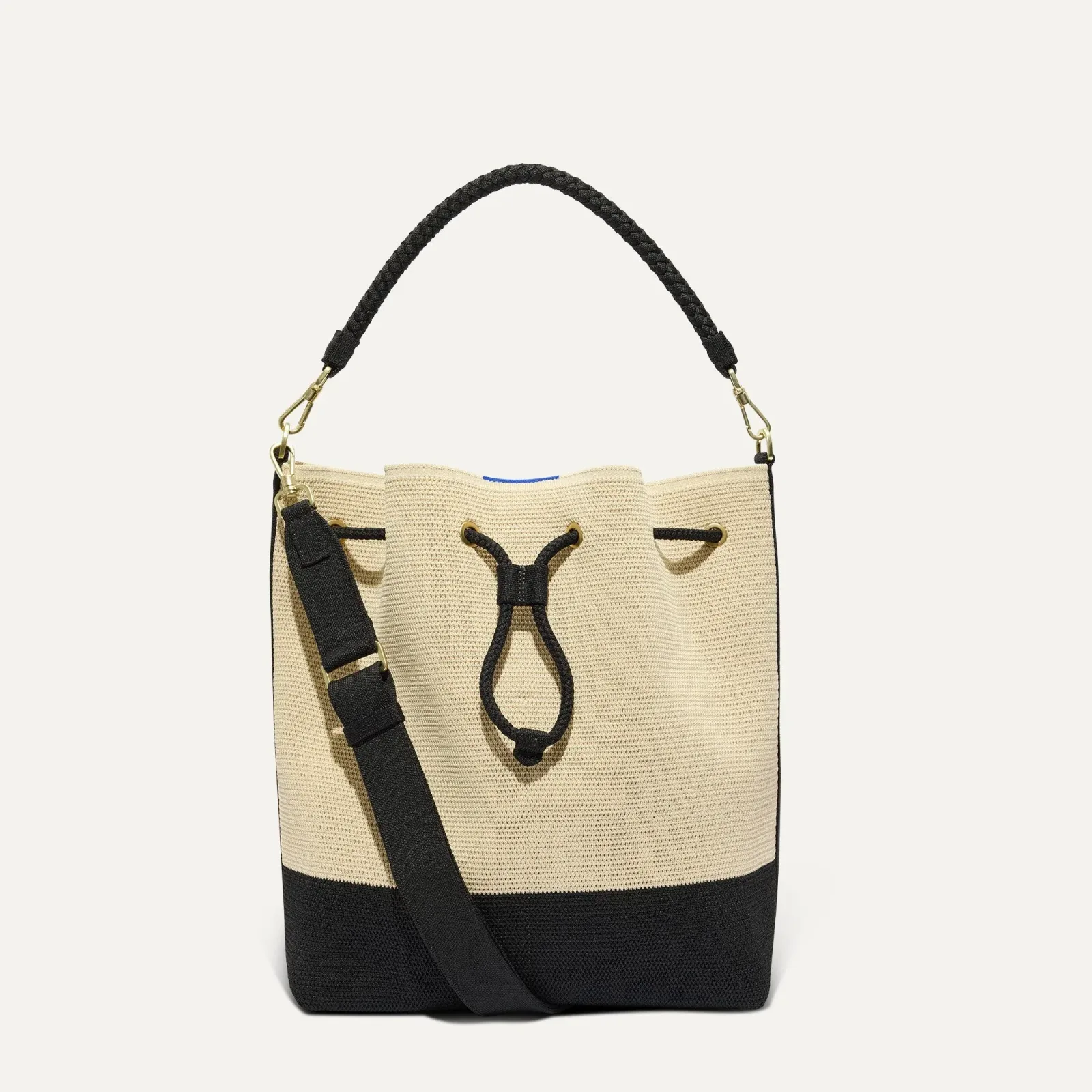 The Cinch Bucket Bag – Black and White Raffia-Knit