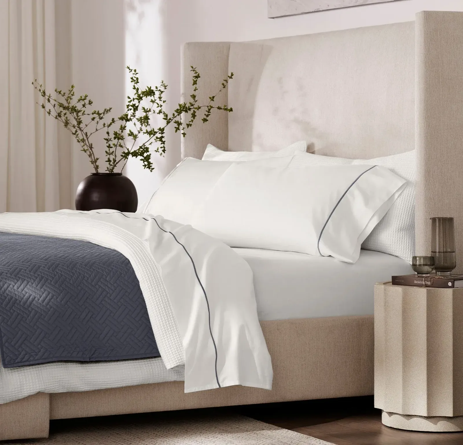 Percale Embellished Sheet Set – White/Mineral Embroidered