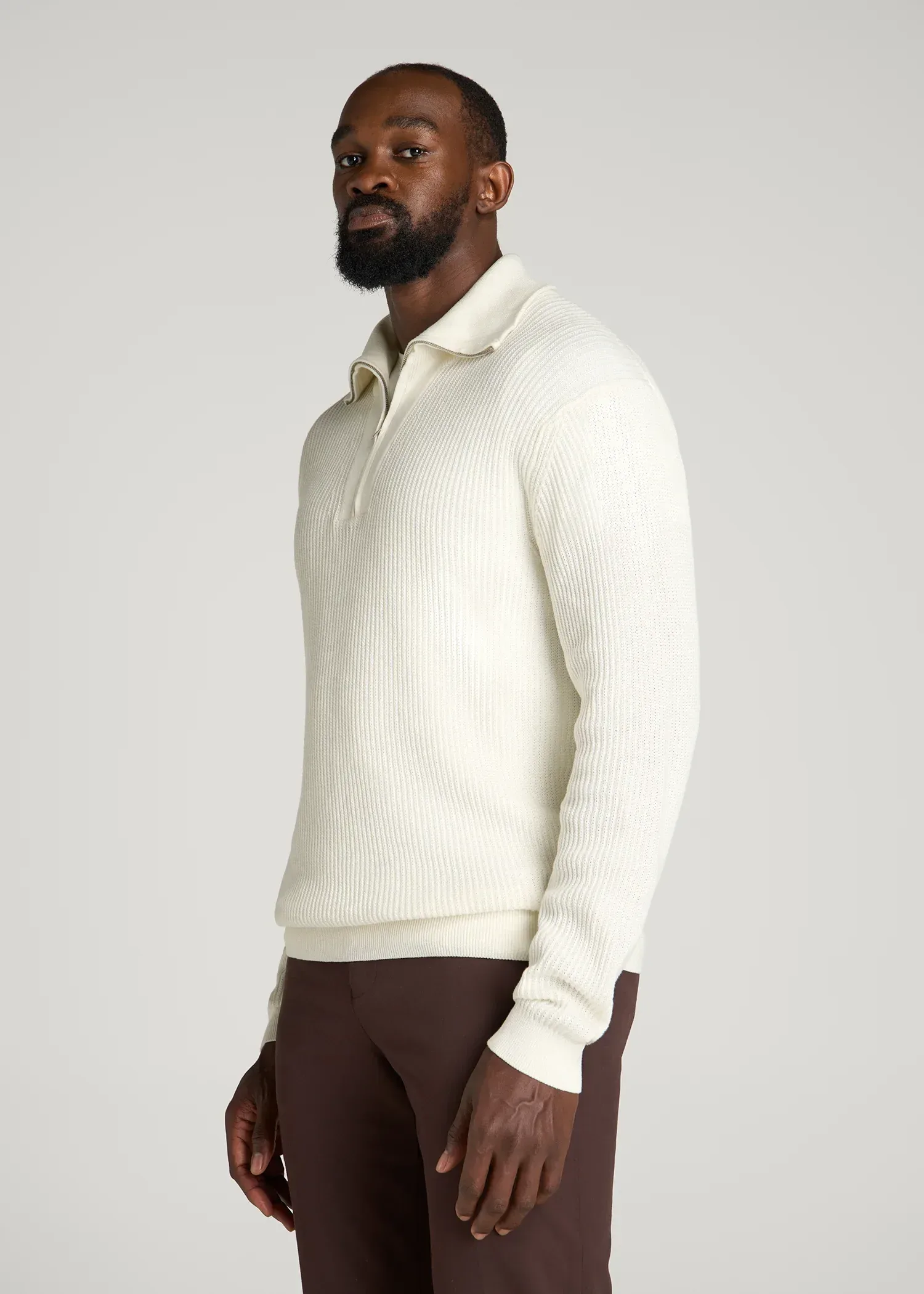 Textured Knit Quarter Zip Sweater for Tall Men in Star White