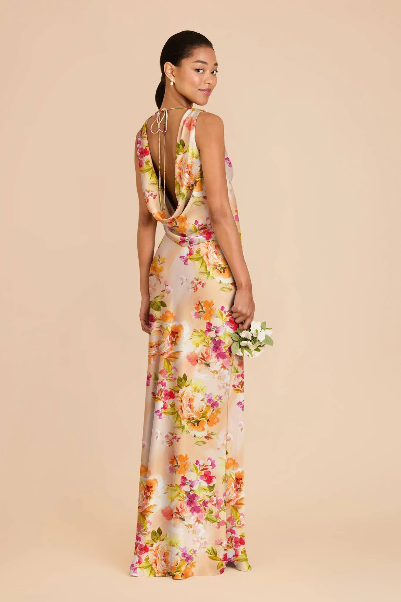 Bonnie Matte Satin Dress – Coral Sunset Peonies