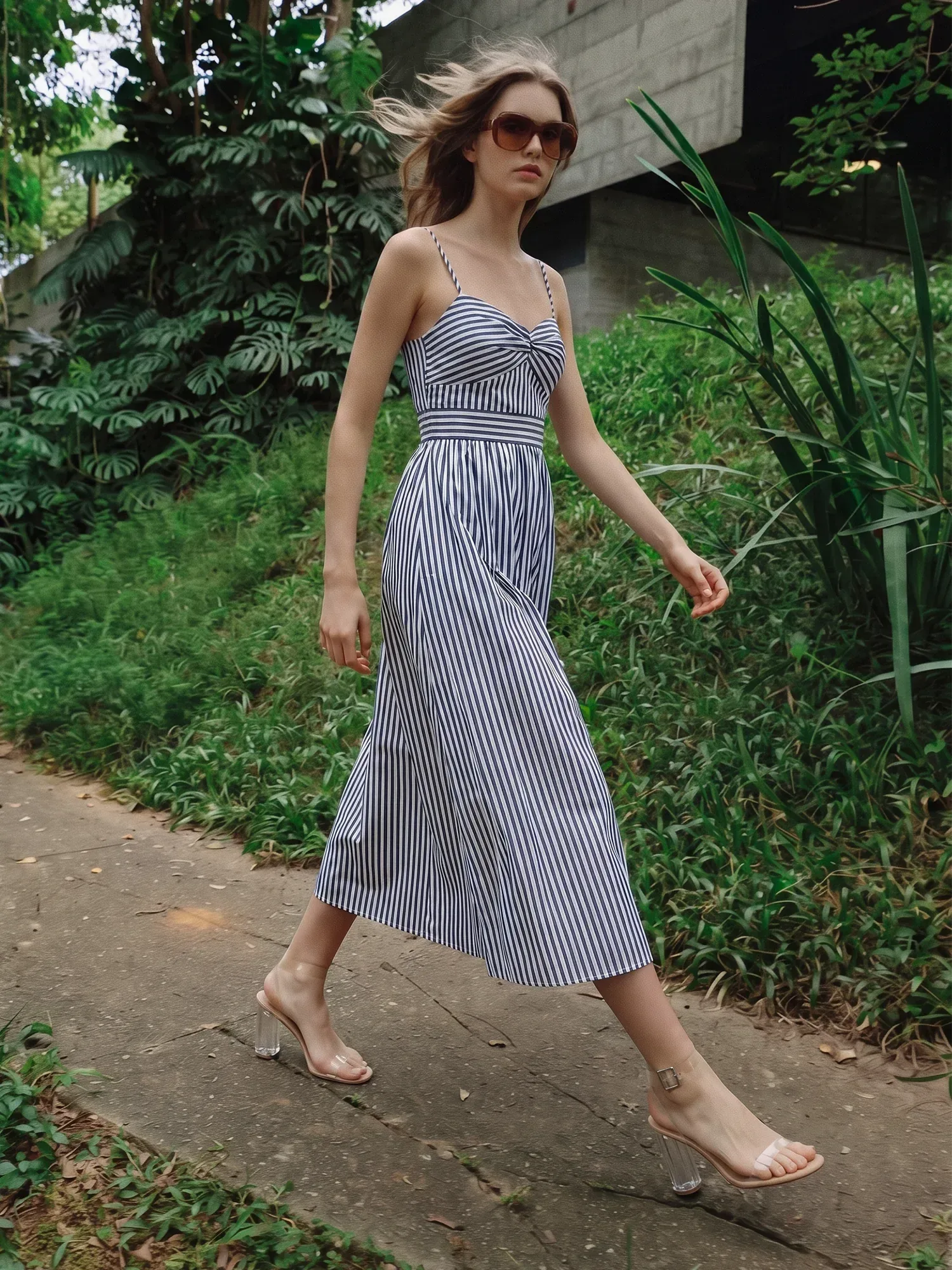 Sleeveless Striped Sweetheart Neckline A-Line Midi Dress