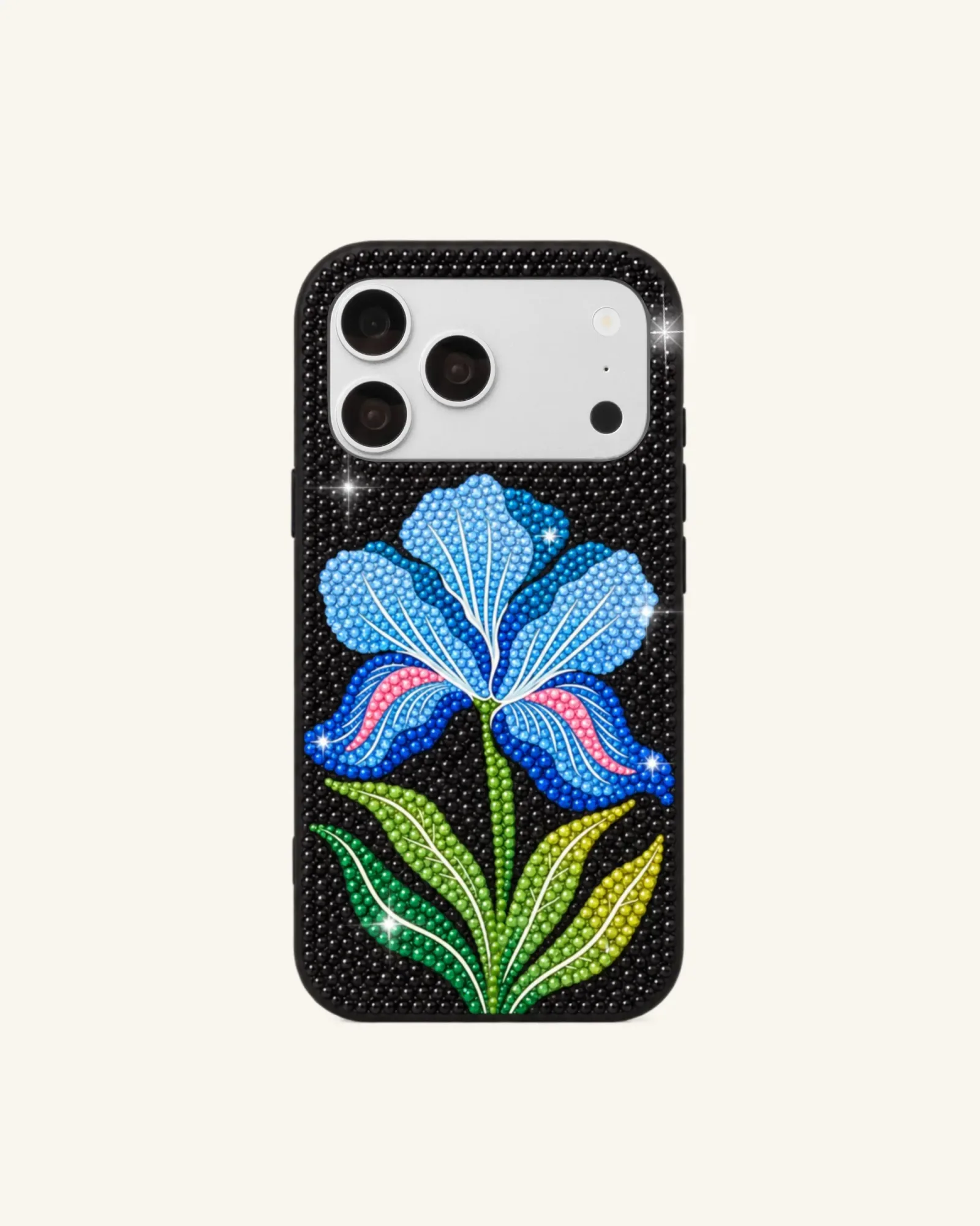 Blue Rhinestone Flower Phone Case – Black