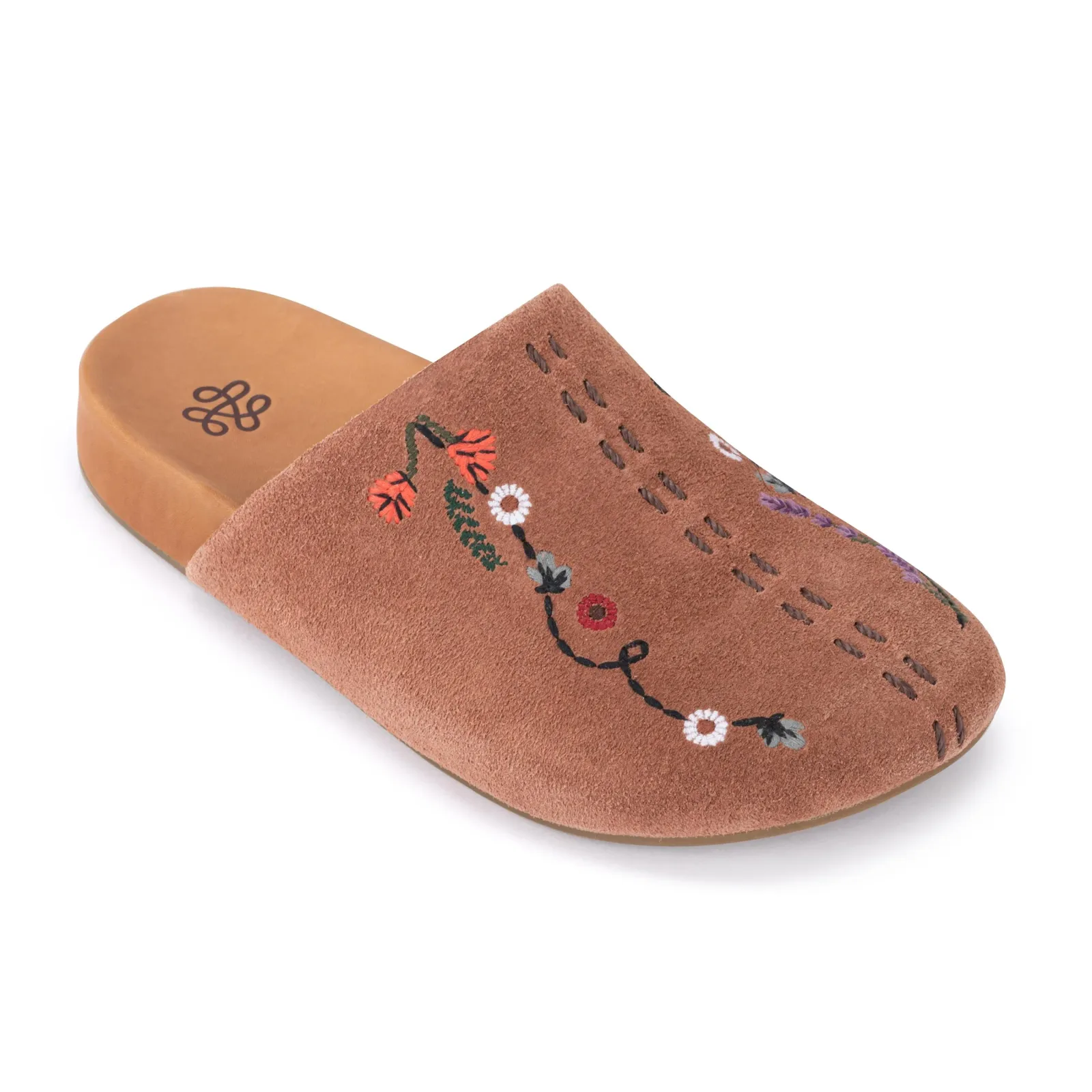 Bolinas Clog – Leather – Tobacco Suede Whimsy Floral Embroidery
