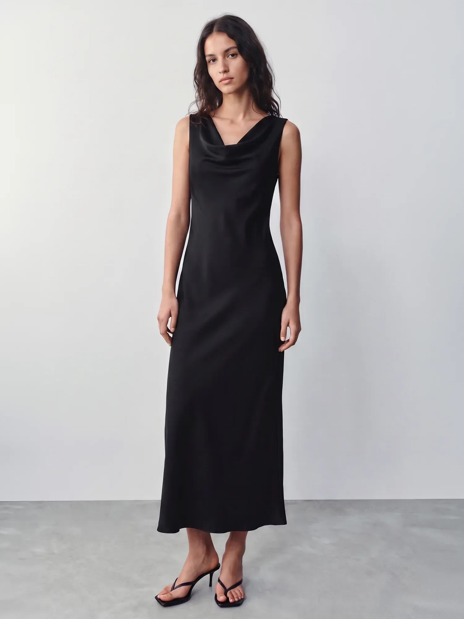Sleeveless Cowl Neck Satin Midi Dress
