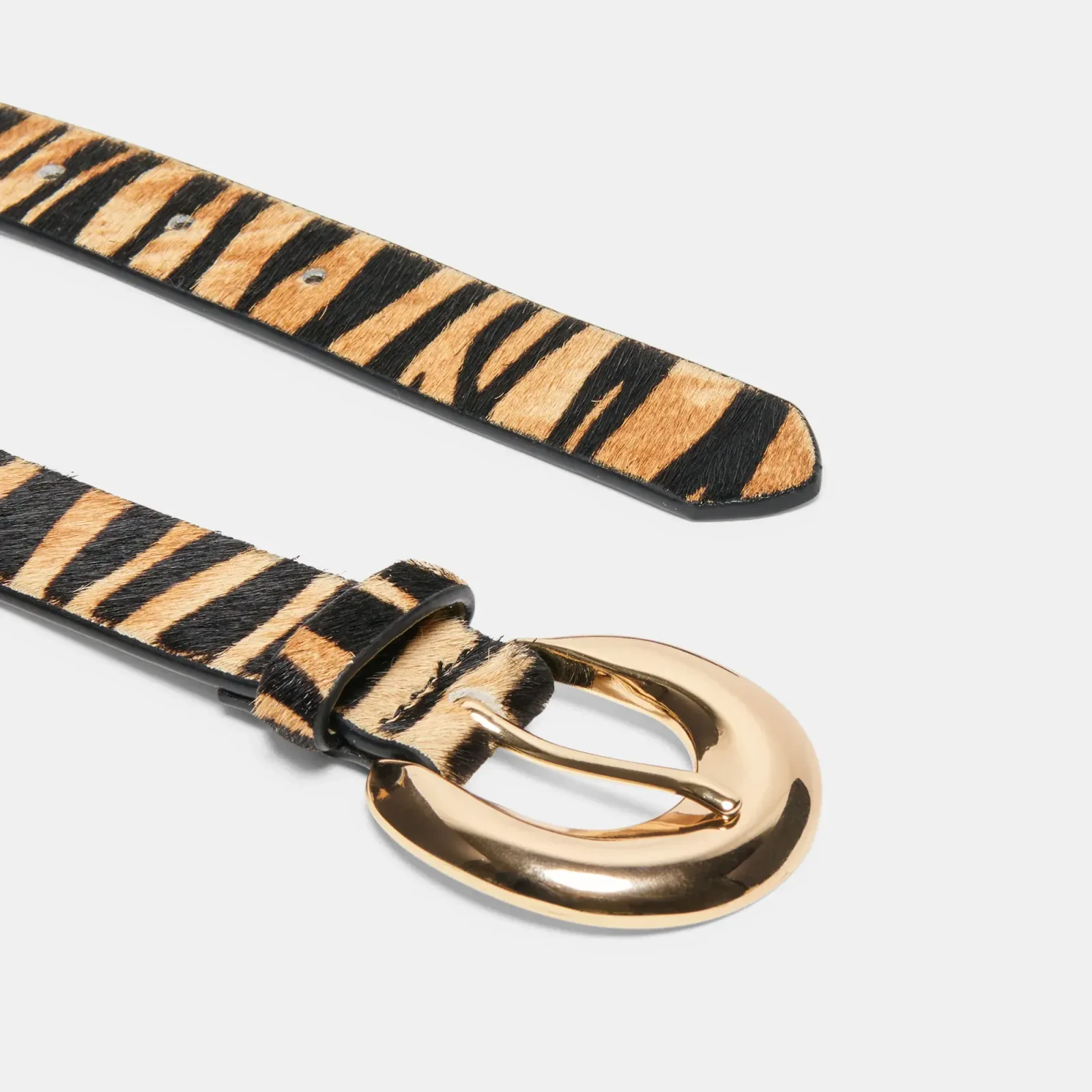 Chunky Curved Buckle Belt Tan Zebra Calf Hair