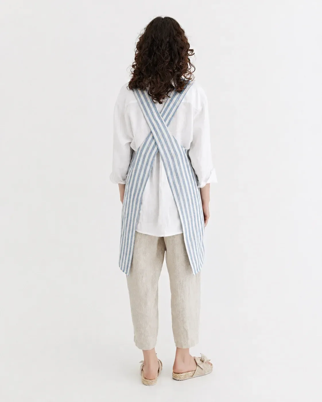 Striped in blue Pinafore cross-back linen apron