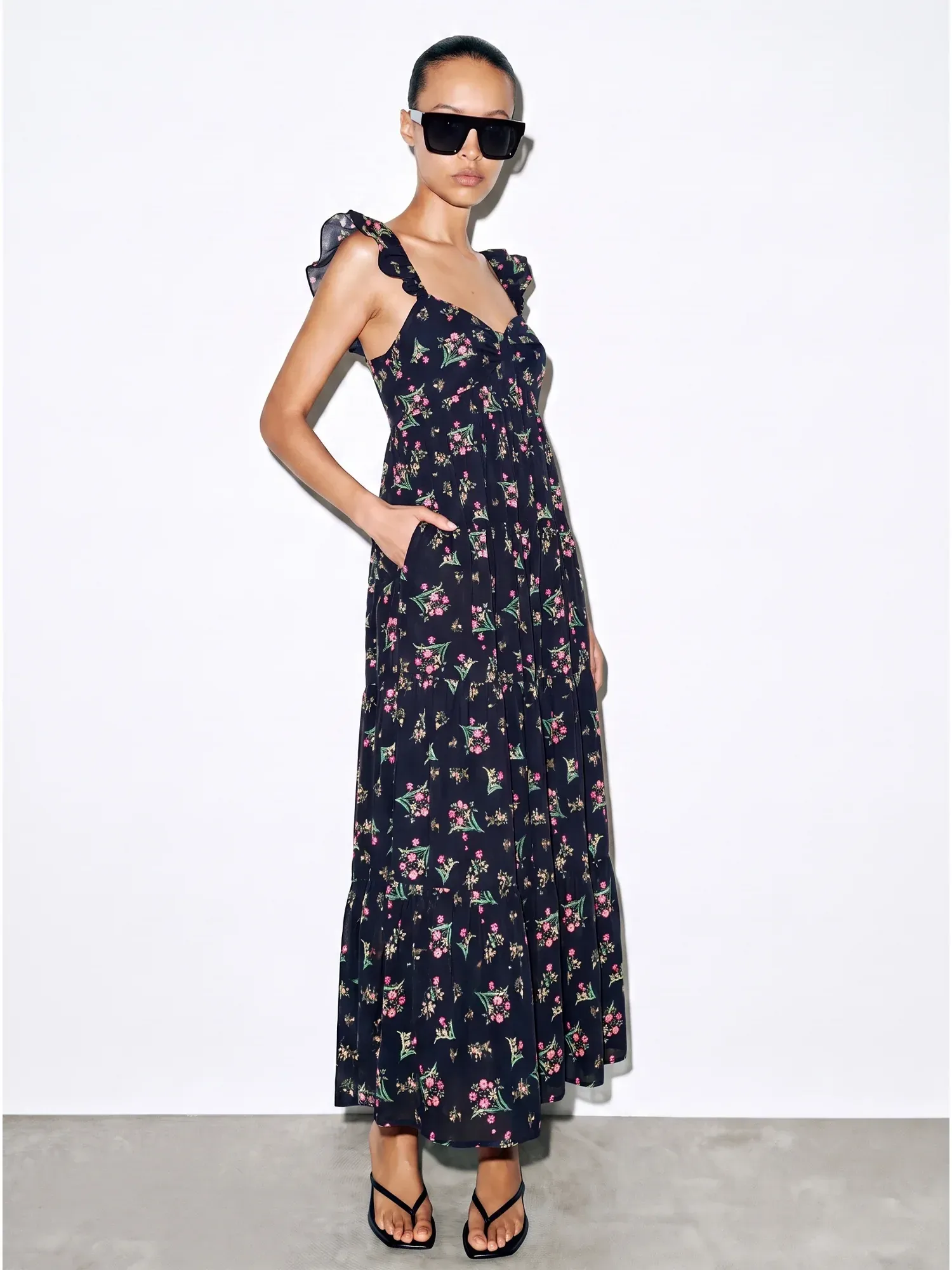 Flutter Sleeve Floral Empire Waist Tier Maxi Dress
