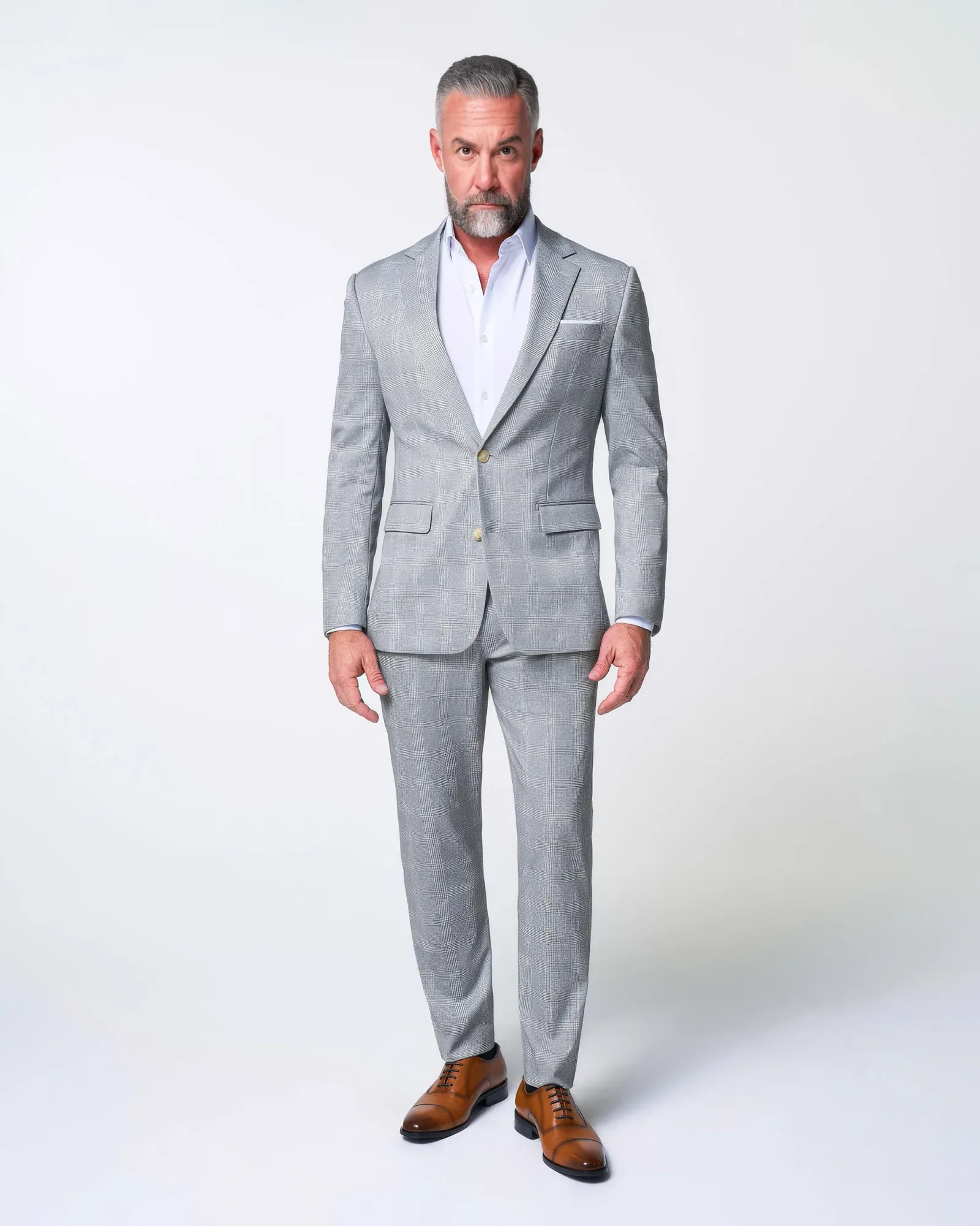 Athletic Fit Stretch Suit – Ash Grey with White Plaid