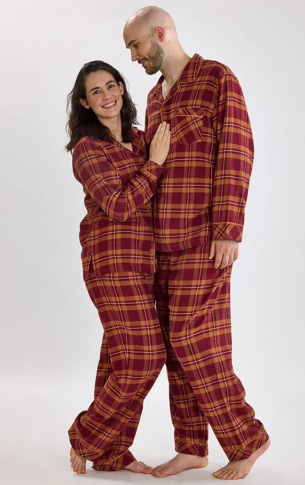 Chestnut Plaid Button-Front Matching Couples Pajamas
