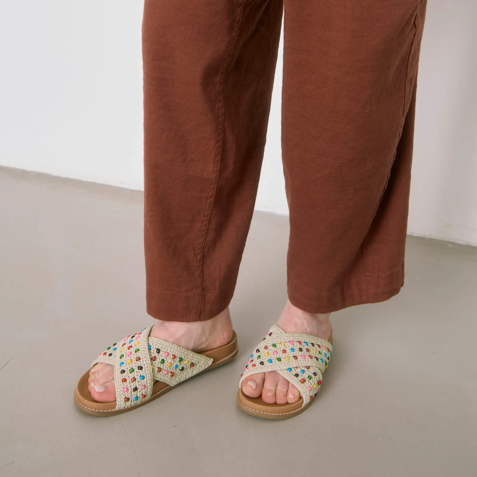Penelope Sandal – Hand Crochet – Ecru Multi Beads