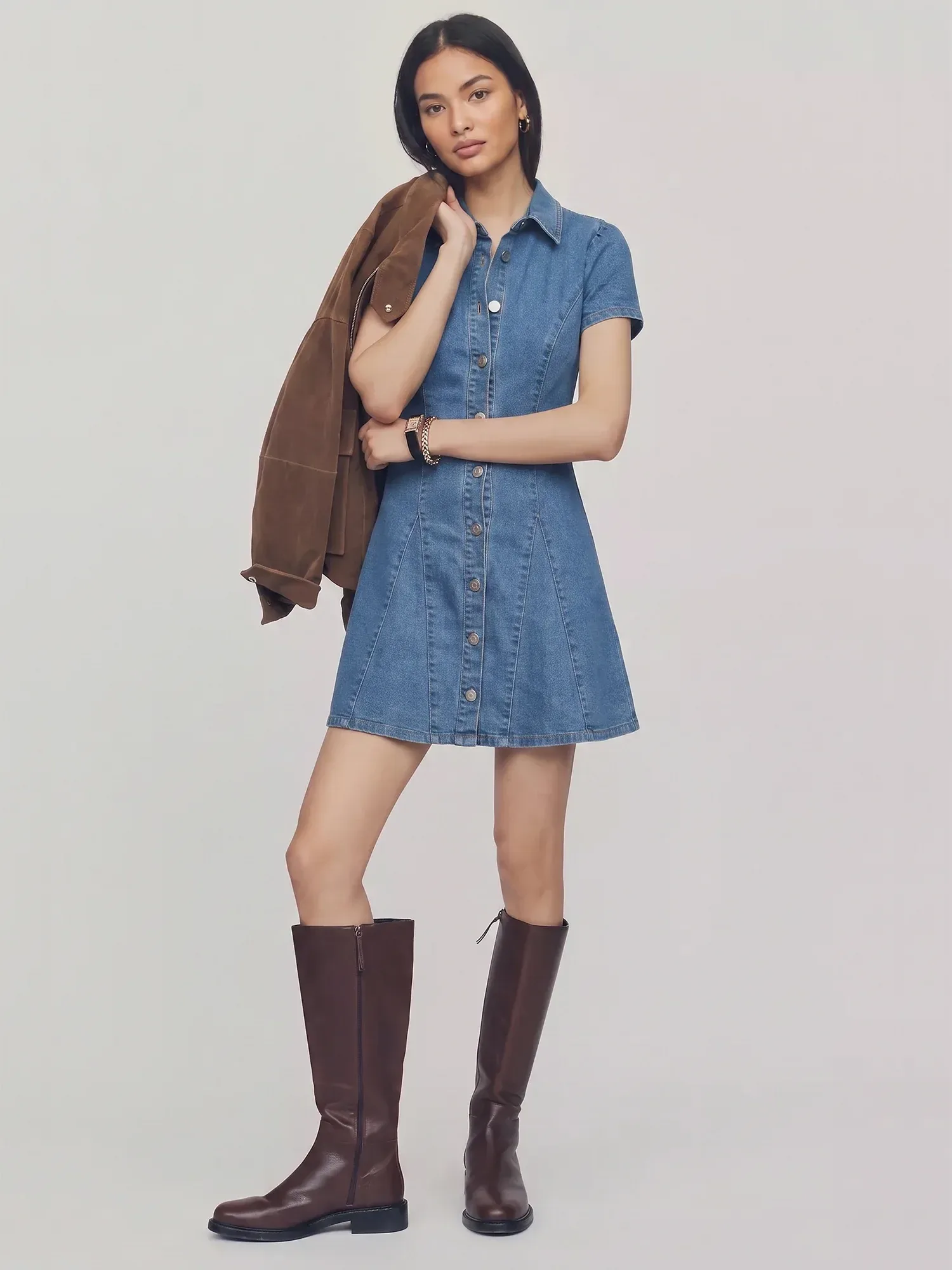 Short Sleeves Denim Button Down A Line Dress