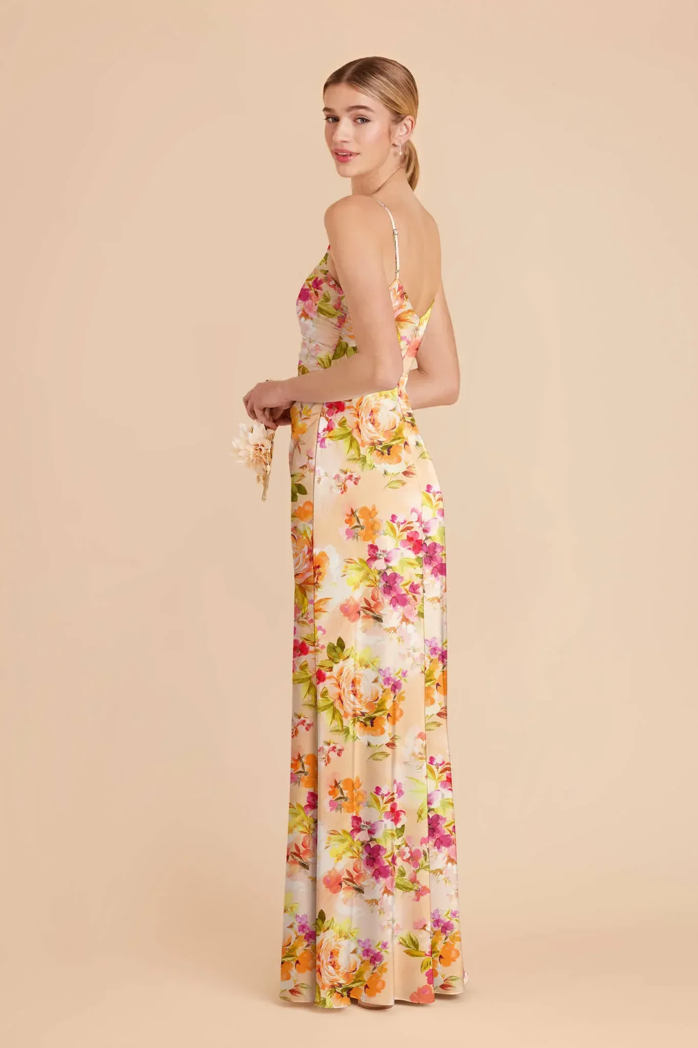 Catherine Matte Satin Dress – Coral Sunset Peonies