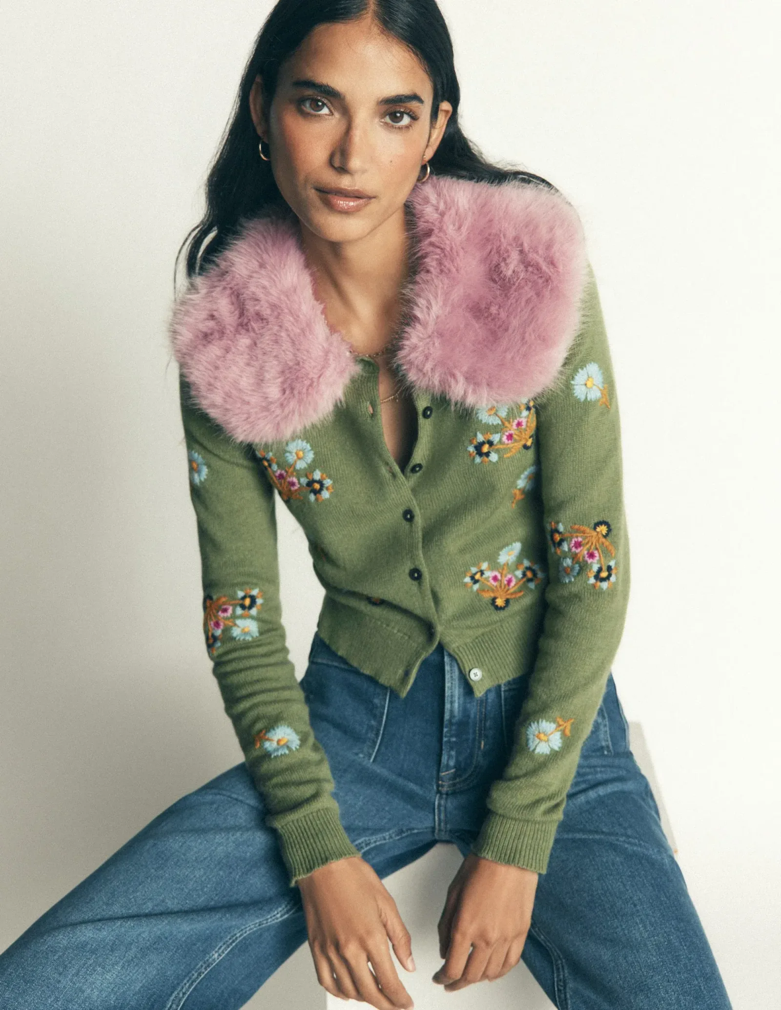 Fur Collar Cropped Cardigan-Laurel Green, Embroidered