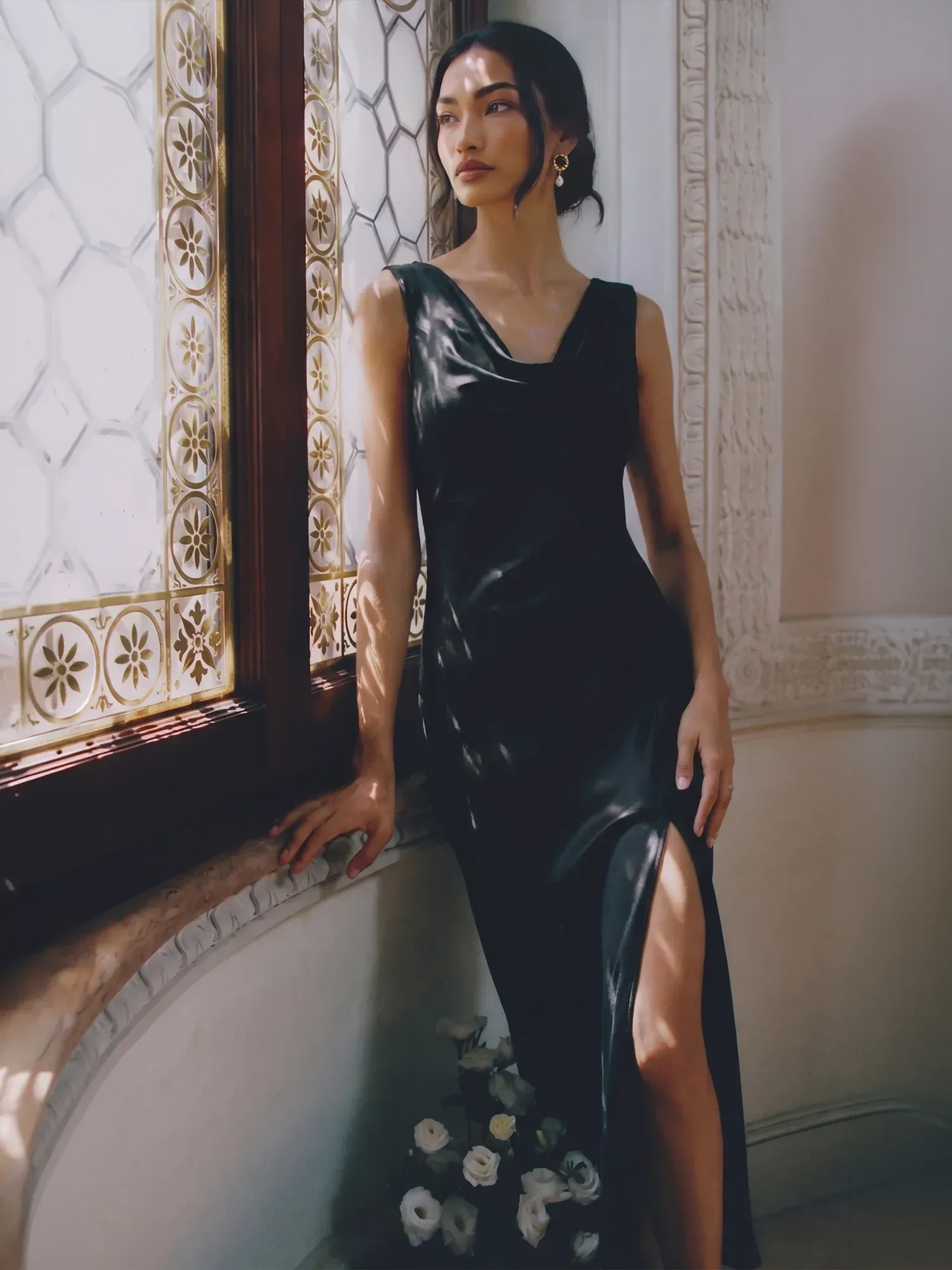 Sleeveless Cowl Neck Satin Midi Dress