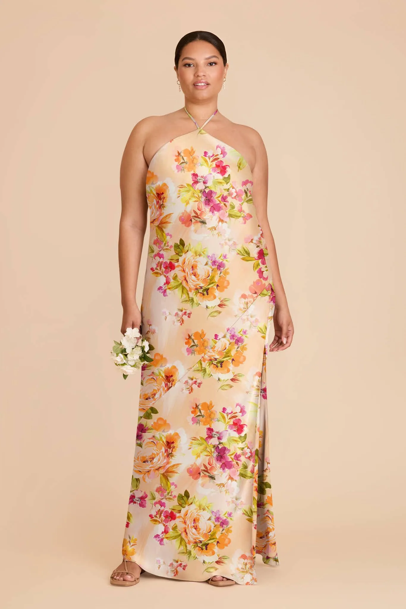 Ariel Matte Satin Dress – Coral Sunset Peonies