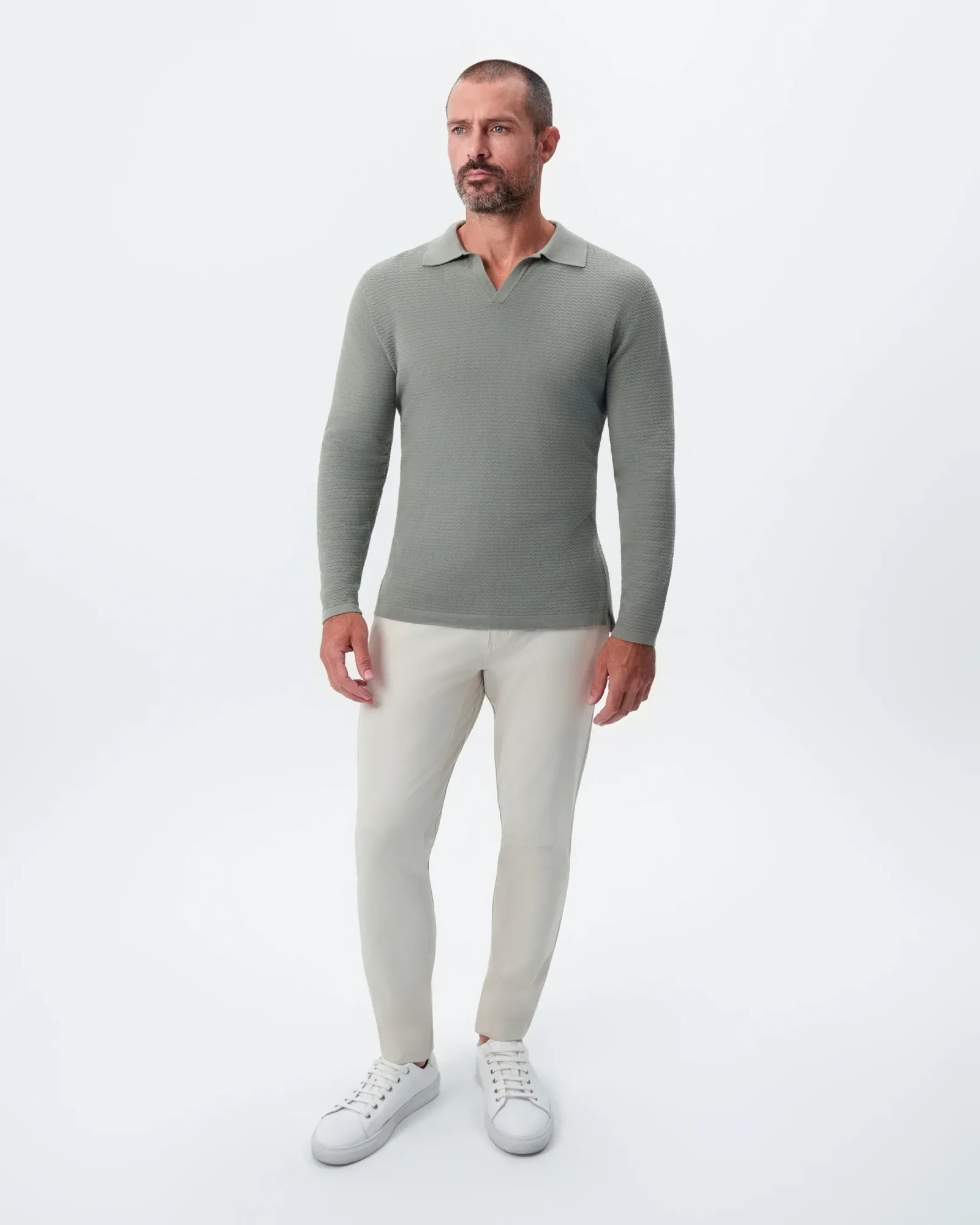 Textured Buttonless Long Sleeve Polo – Olive