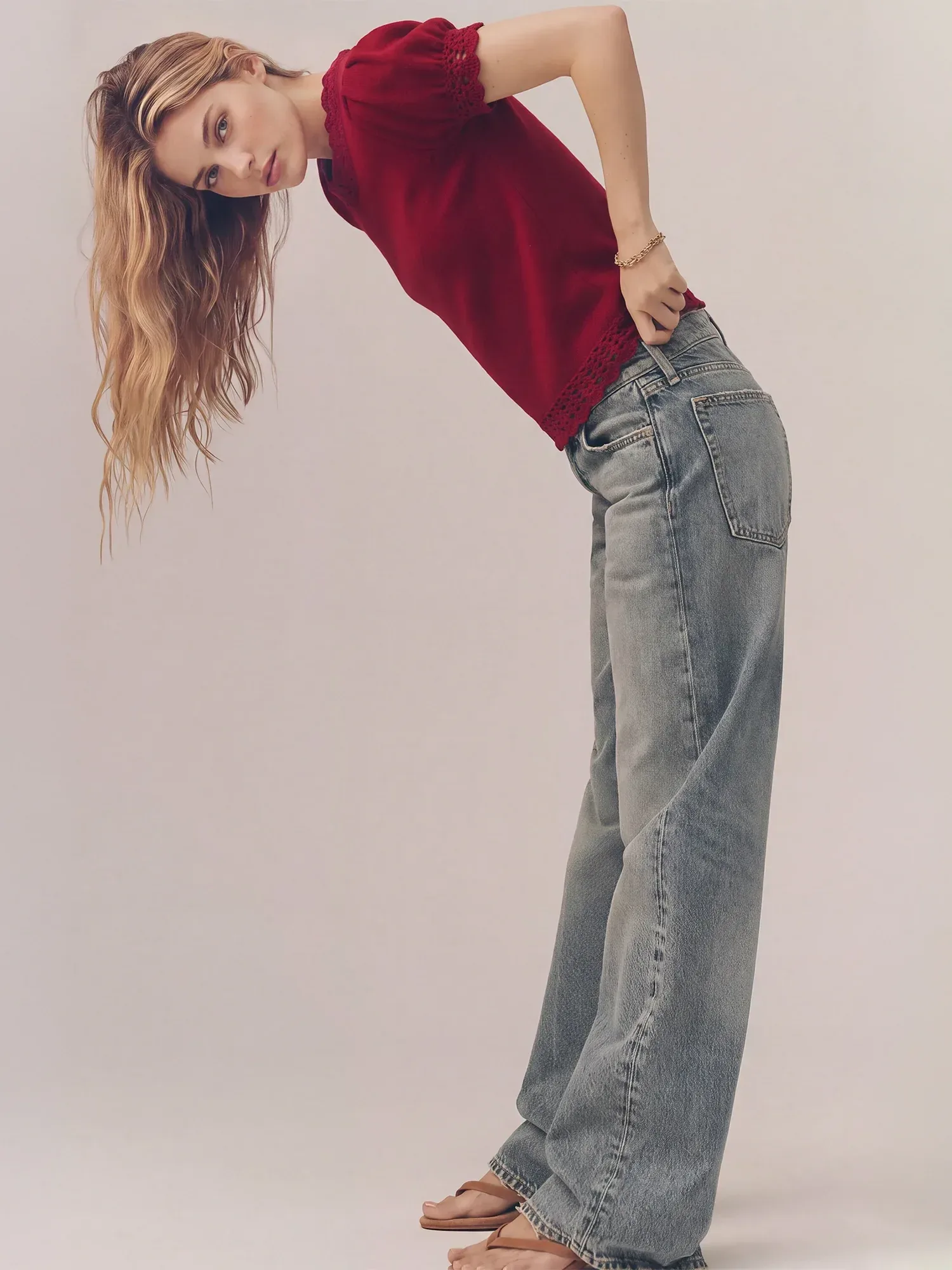Puff Sleeve Crochet Detail Trim Sweater Knit Tee