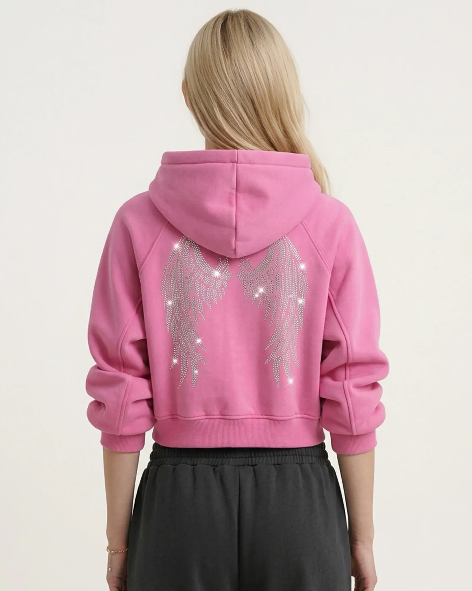 The Darling Crystal Feather Wing Cropped Hoodie – Acid Pink