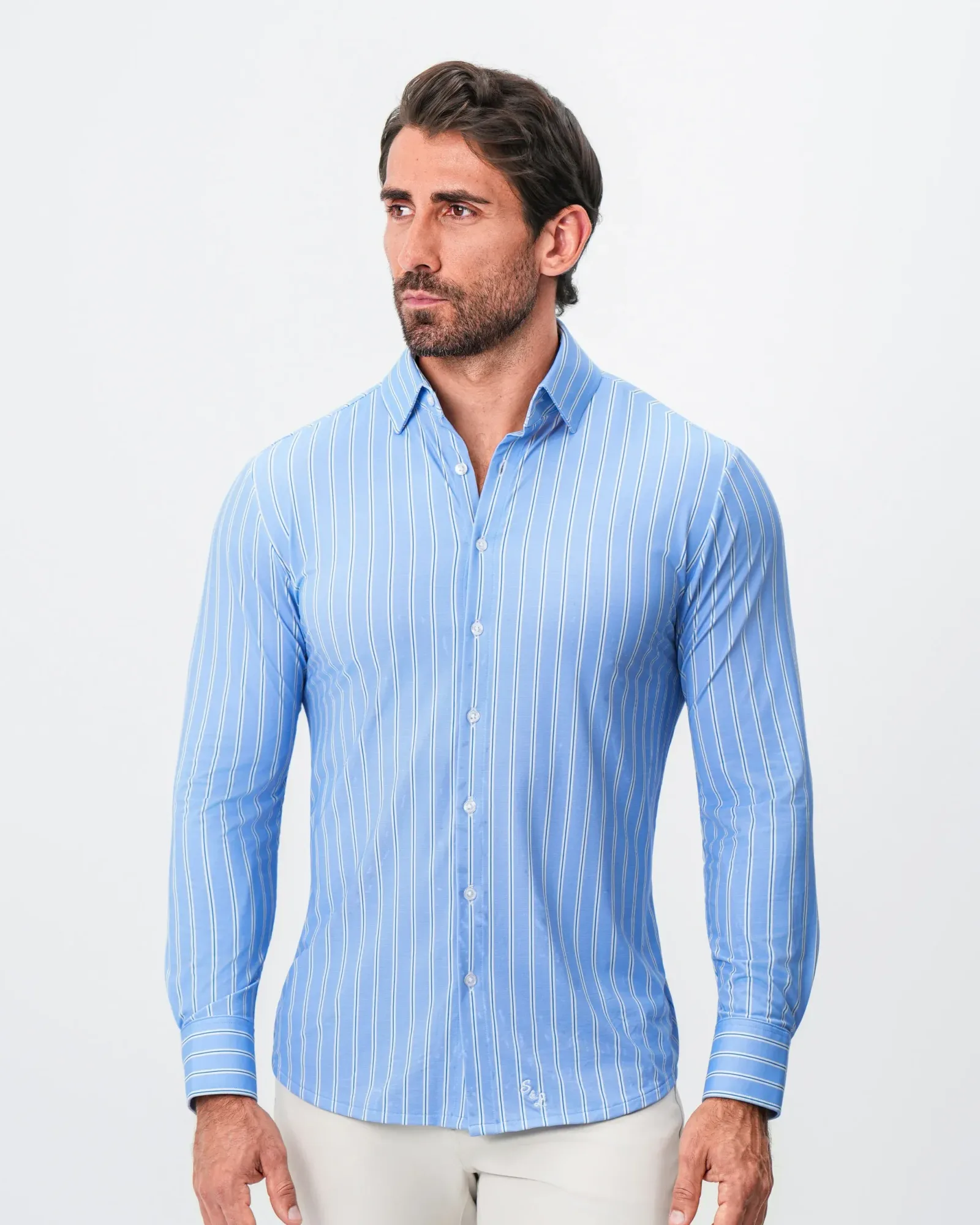 "The Wrigley" Sport Shirt – Light Blue & White Wide Stripe