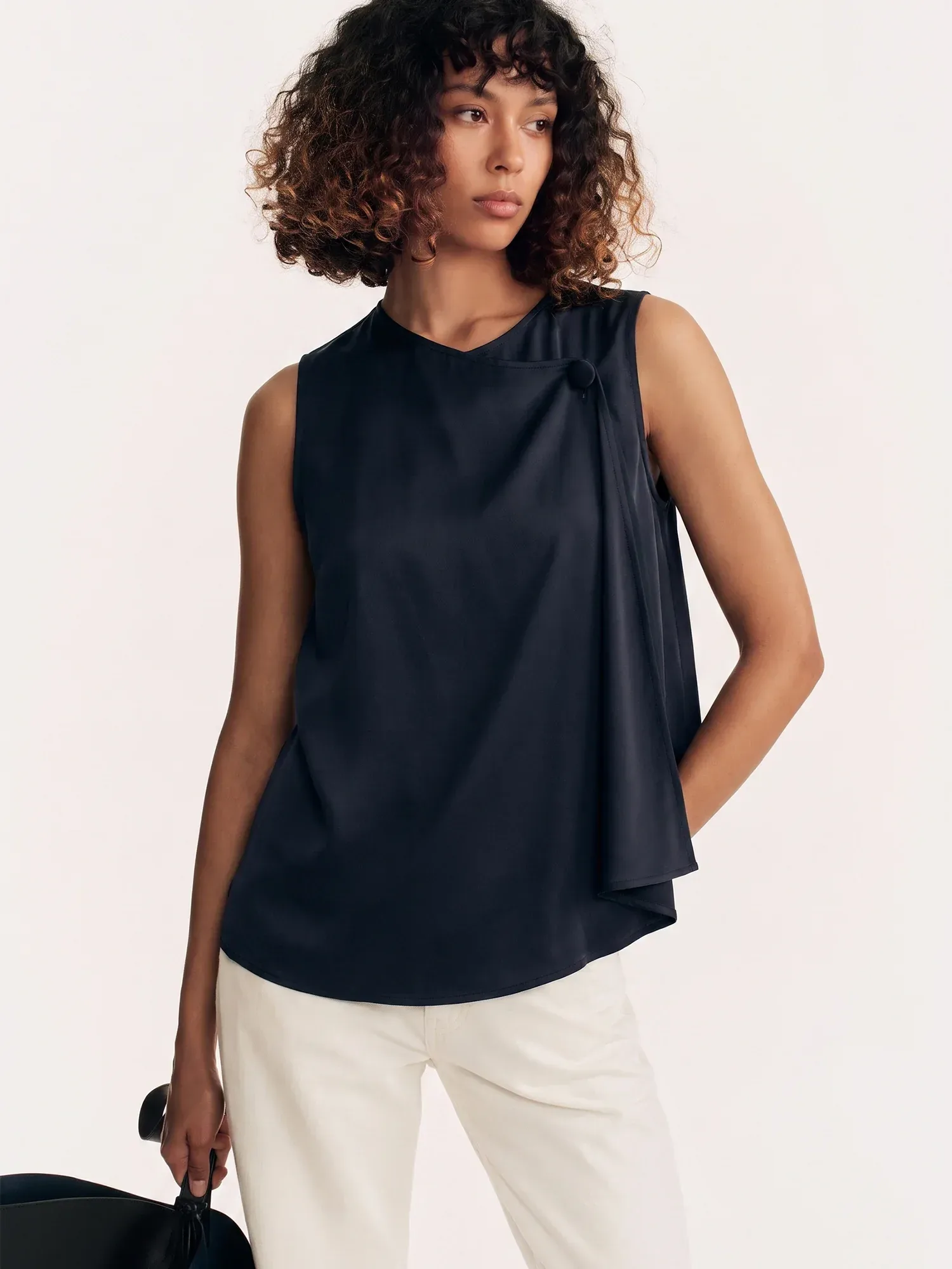 Aysmmetric Drape Neck Satin Top