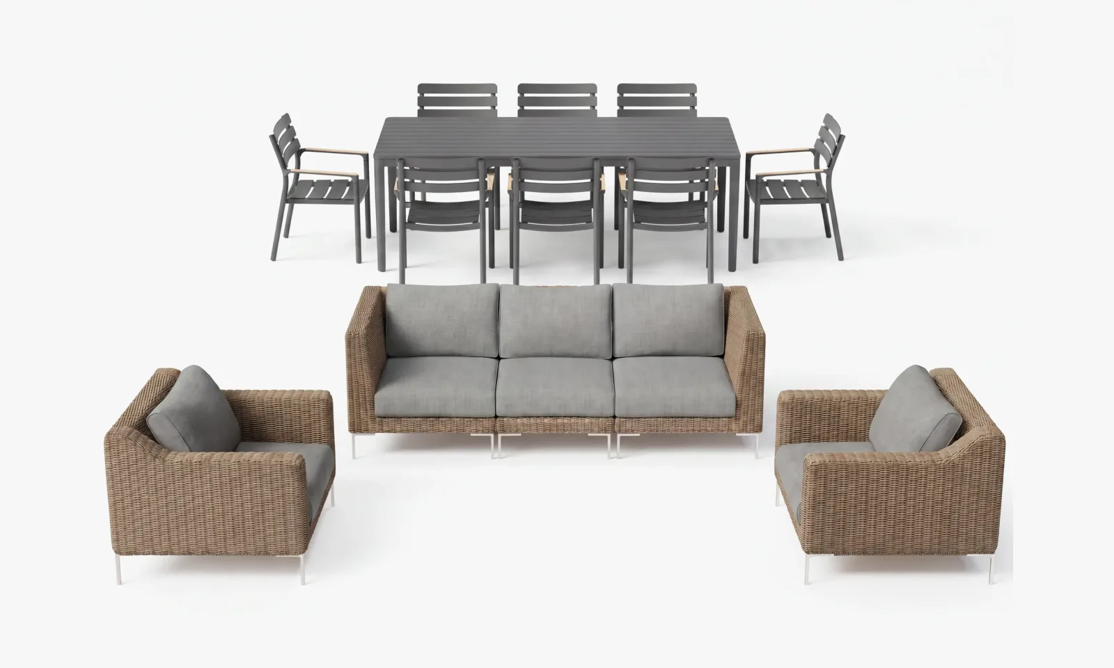 Brown Wicker Sofa + 8 Seat Aluminum Dining Set