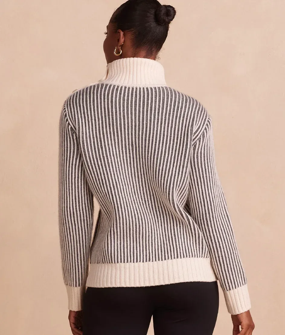 The Luxe Cashmere Blend Two-Tone Button Neck Sweater – Dune & Charcoal