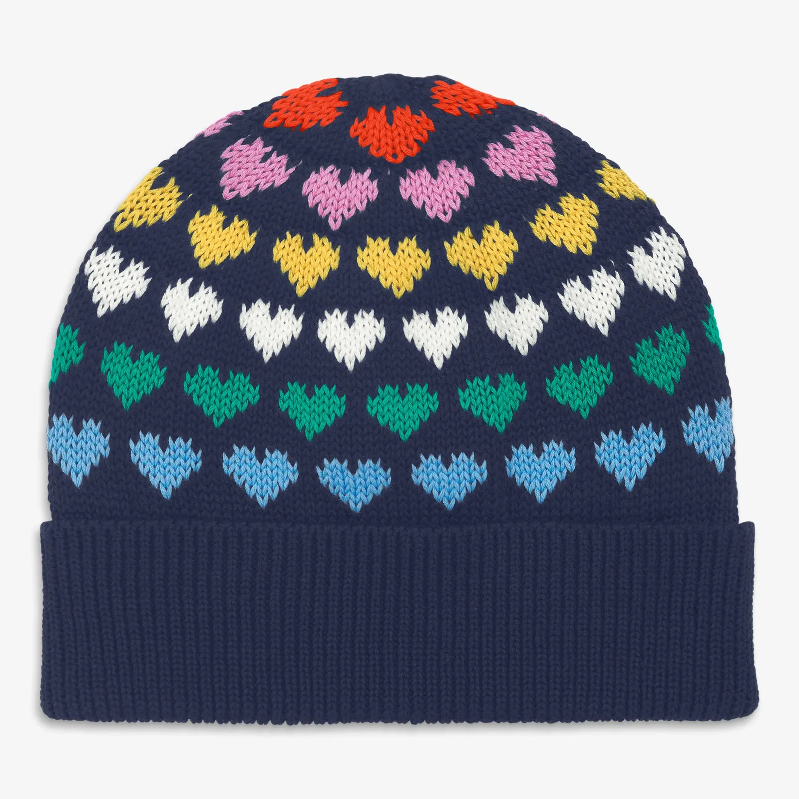 Kids knit beanie in rainbow hearts