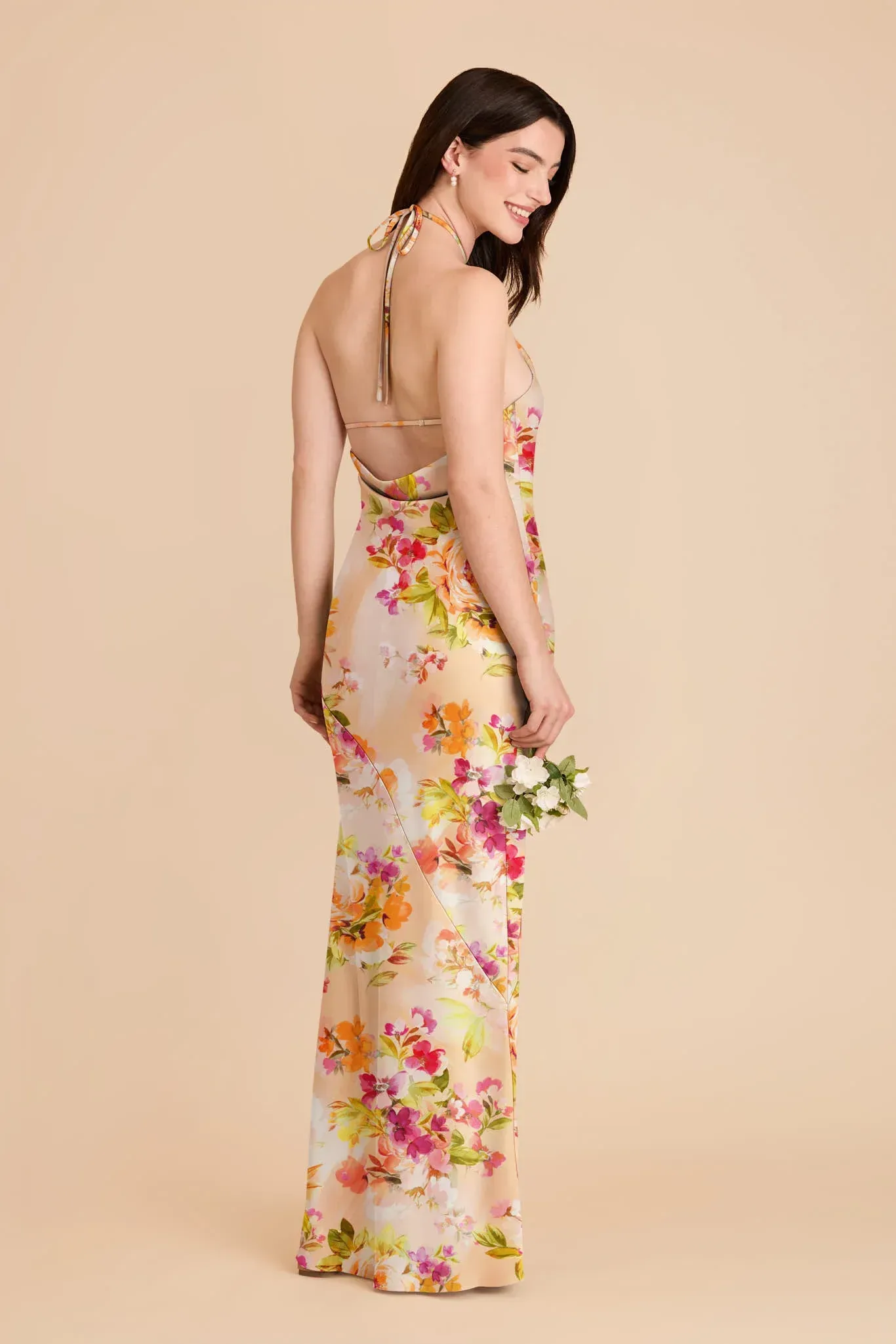 Ariel Matte Satin Dress – Coral Sunset Peonies