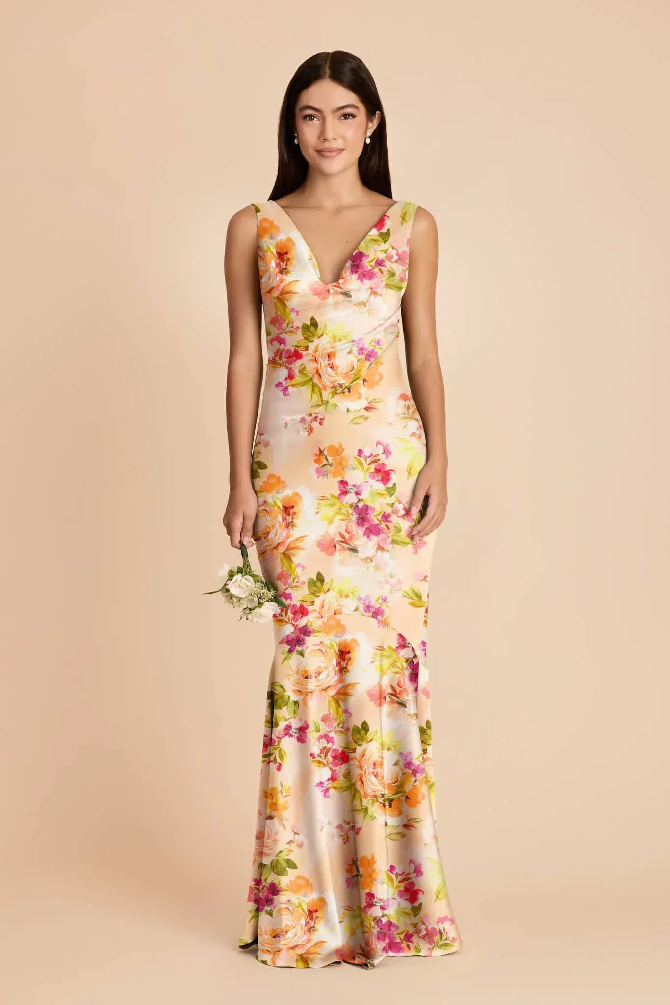 Alexis Matte Satin Dress – Coral Sunset Peonies