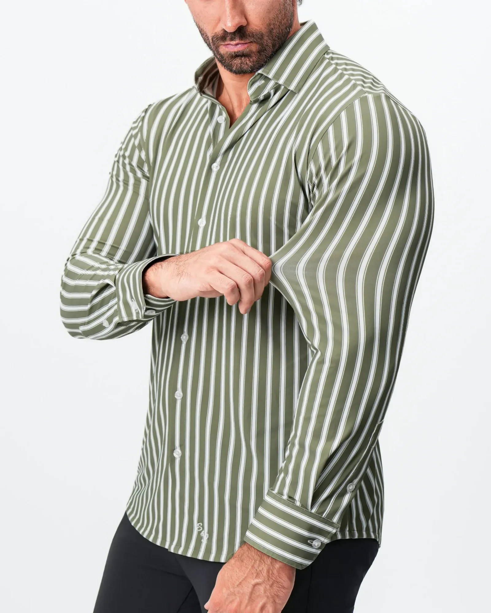 "The Wellington" Sport Shirt – Light Olive and White Bengal Stripe
